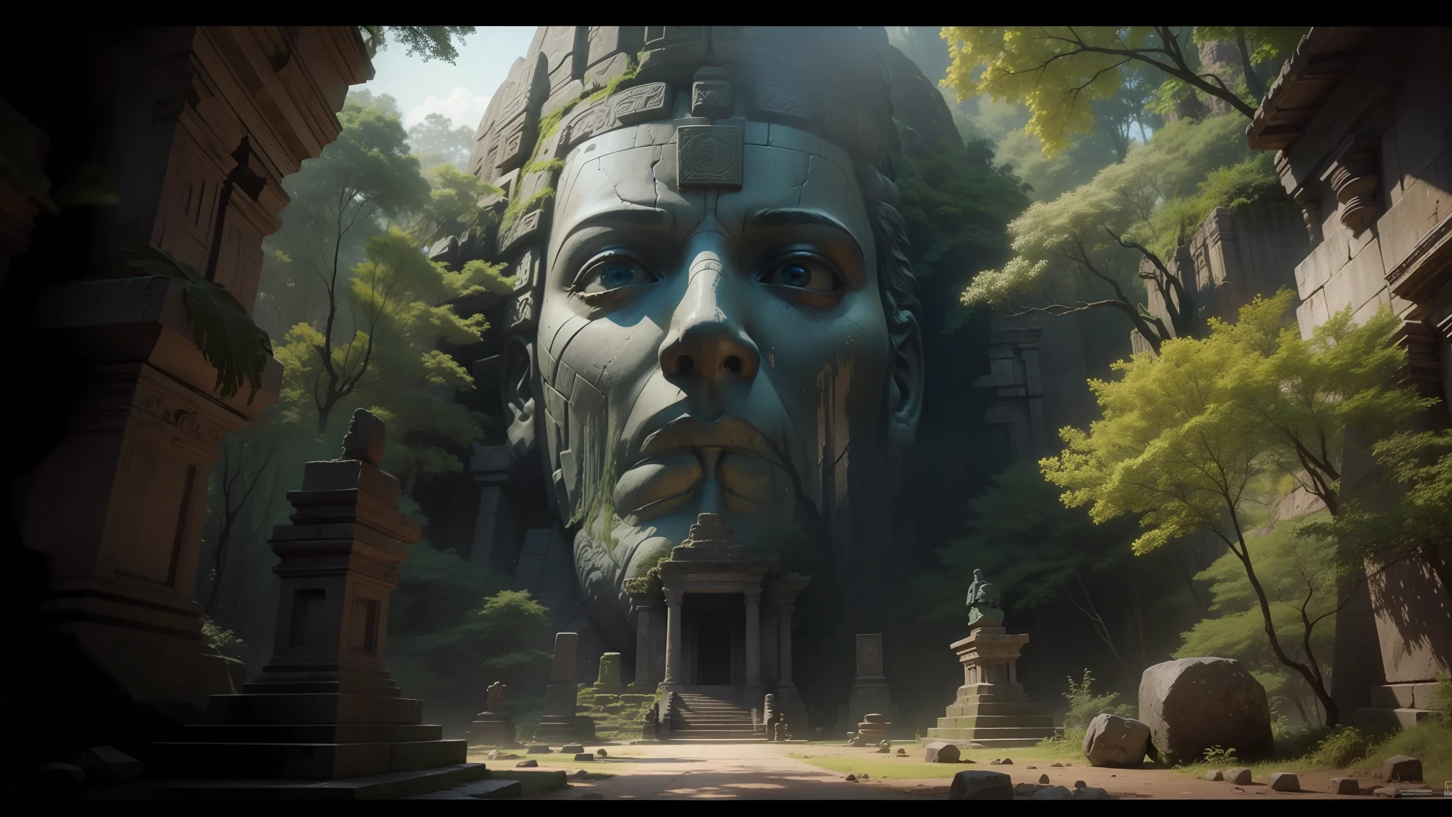 there is a large stone statue in the middle of a forest, unreal maya, amazing splashscreen artwork, ryan meinerding, ruin, imax close-up of face, ruined temple, 2020 video game screenshot, moai, inspired by Thomas Corsan Morton, by Arvid Nyholm, epic graphics