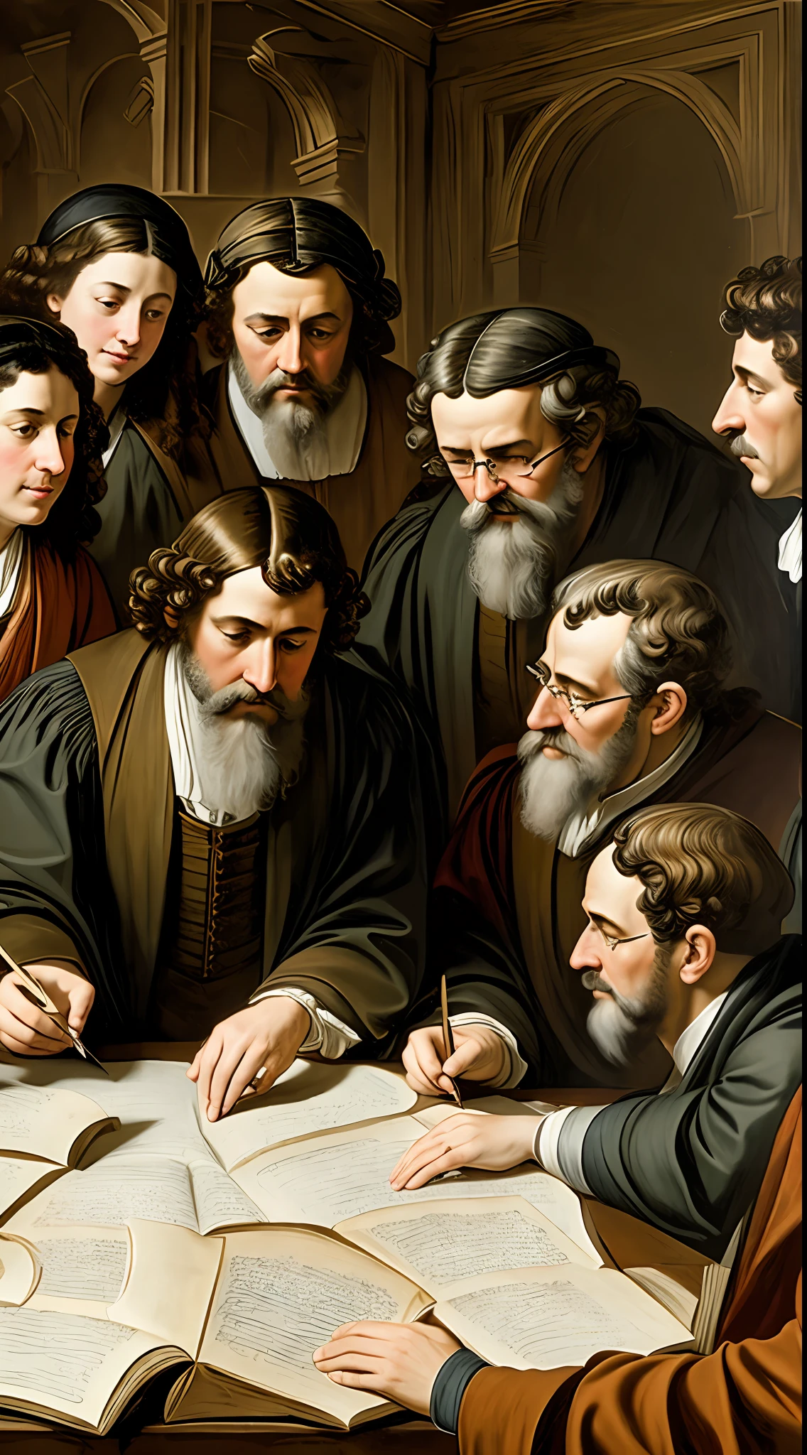 ((best quality), (masterpiece), (detailed)), Close-up shot of a group of cryptographers, linguists, and scholars gathered around a table, engrossed in the study of the Voynich Manuscript. The scene is bathed in a rich play of light and shadow, reminiscent of the artistic styles of Rembrandt and Caravaggio, showcasing their mastery of chiaroscuro. The dramatic portrait-like composition captures the intensity and intrigue surrounding the ancient text, emphasizing the scholars' focused expressions and gestures as they delve into the enigmatic pages.
