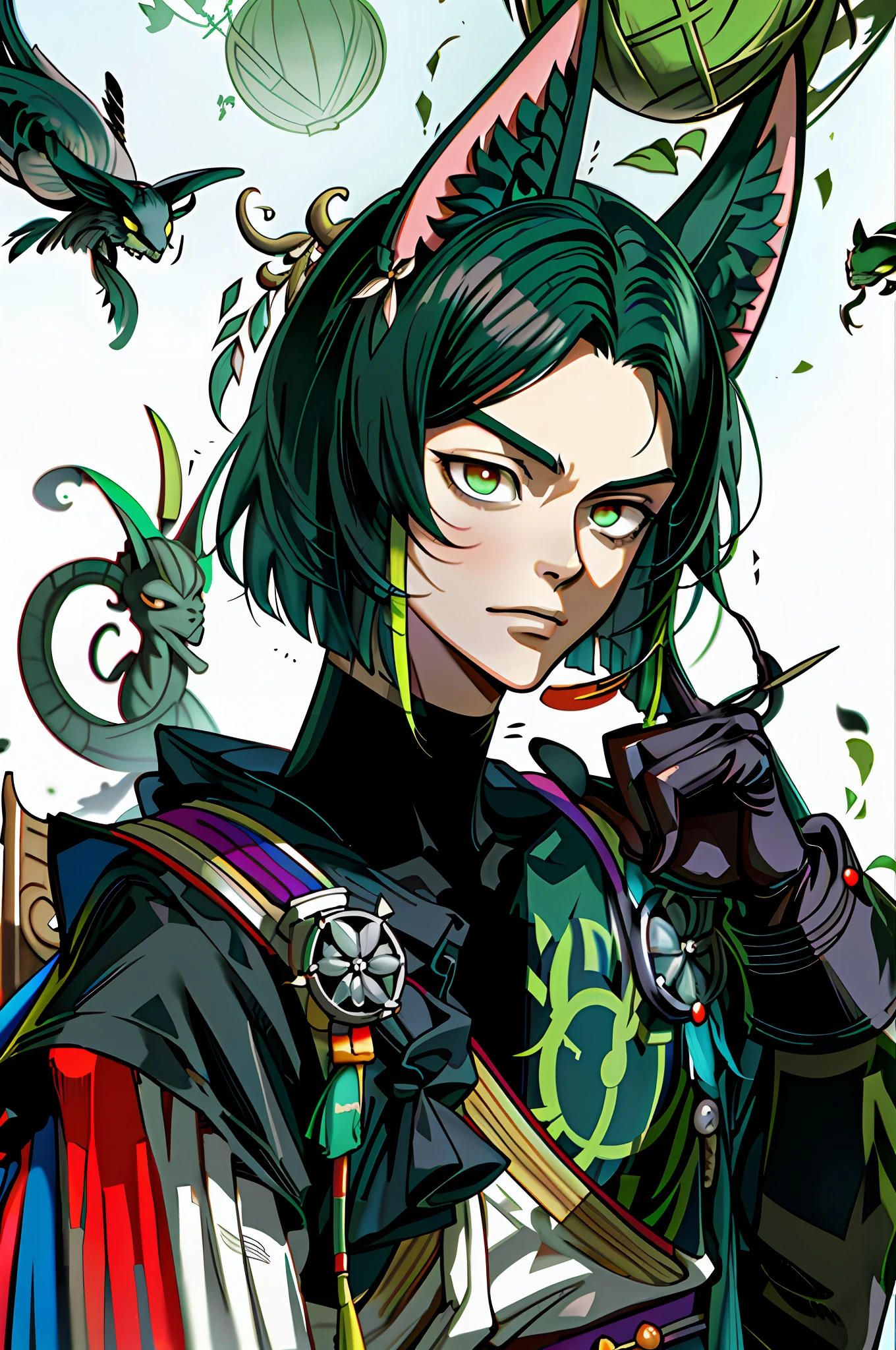tighnari (genshin impact) (masterpiece, best quality), 1man, solo, black hair with green streak, black fox ears, big animal ears, ( art by hermann nitsch, zdzislaw beksinski, dariusz zawadzki, giger)