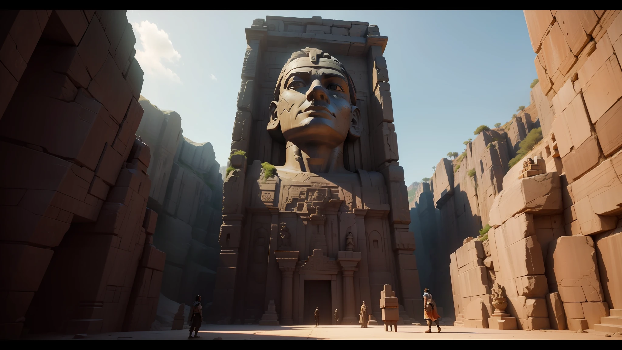 there is a large statue of a man in a canyon, playable trailer, inspired by Enrique Tábara, submerged pre - incan temple, trending on unreal engine, gigantic pillars and flowers, video game screenshot>, gamedesign, the sphinx, the witness, by Kim Du-ryang, moai