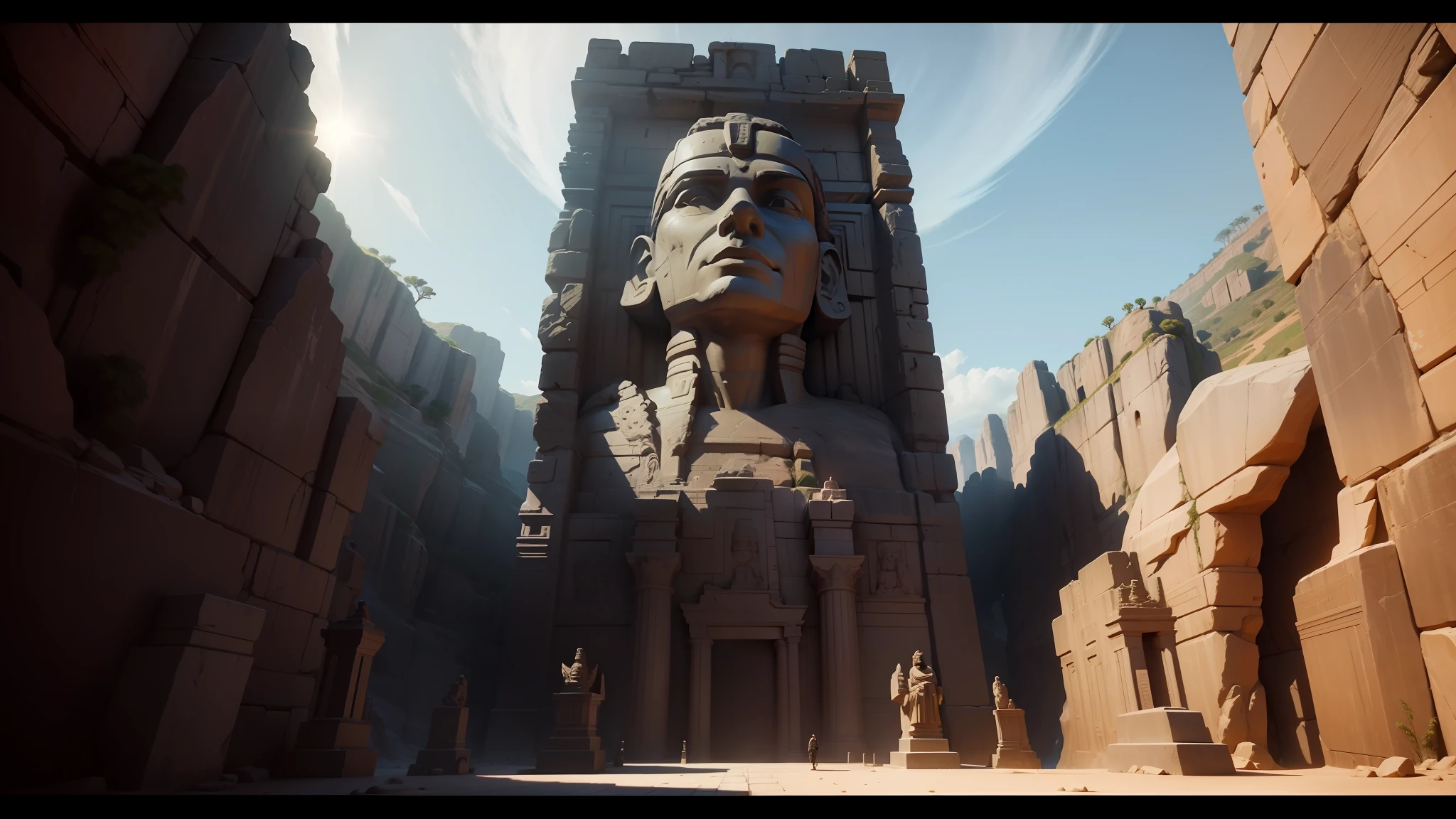 there is a large statue of a man in a canyon, playable trailer, inspired by Enrique Tábara, submerged pre - incan temple, trending on unreal engine, gigantic pillars and flowers, video game screenshot>, gamedesign, the sphinx, the witness, by Kim Du-ryang, moai