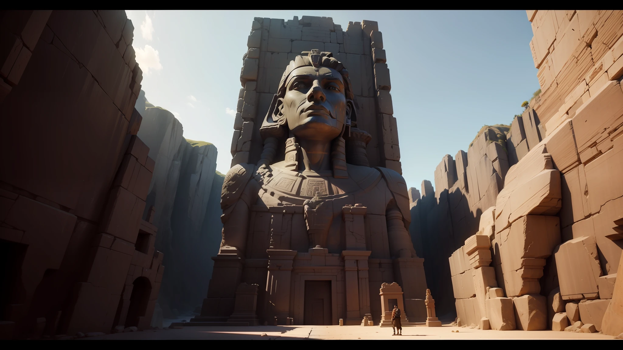 there is a large statue of a man in a canyon, playable trailer, inspired by Enrique Tábara, submerged pre - incan temple, trending on unreal engine, gigantic pillars and flowers, video game screenshot>, gamedesign, the sphinx, the witness, by Kim Du-ryang, moai