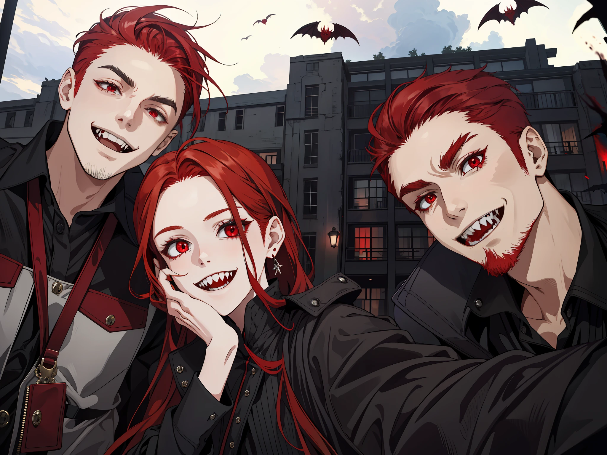 masterpiece, best quality, highres, 1girl, solo, modern vanpire, fangs, red hair, long hair, open hair, red eyes, evil smile, 2 boys on her both sides, both vampires with red hair, black and black outfit, scary background