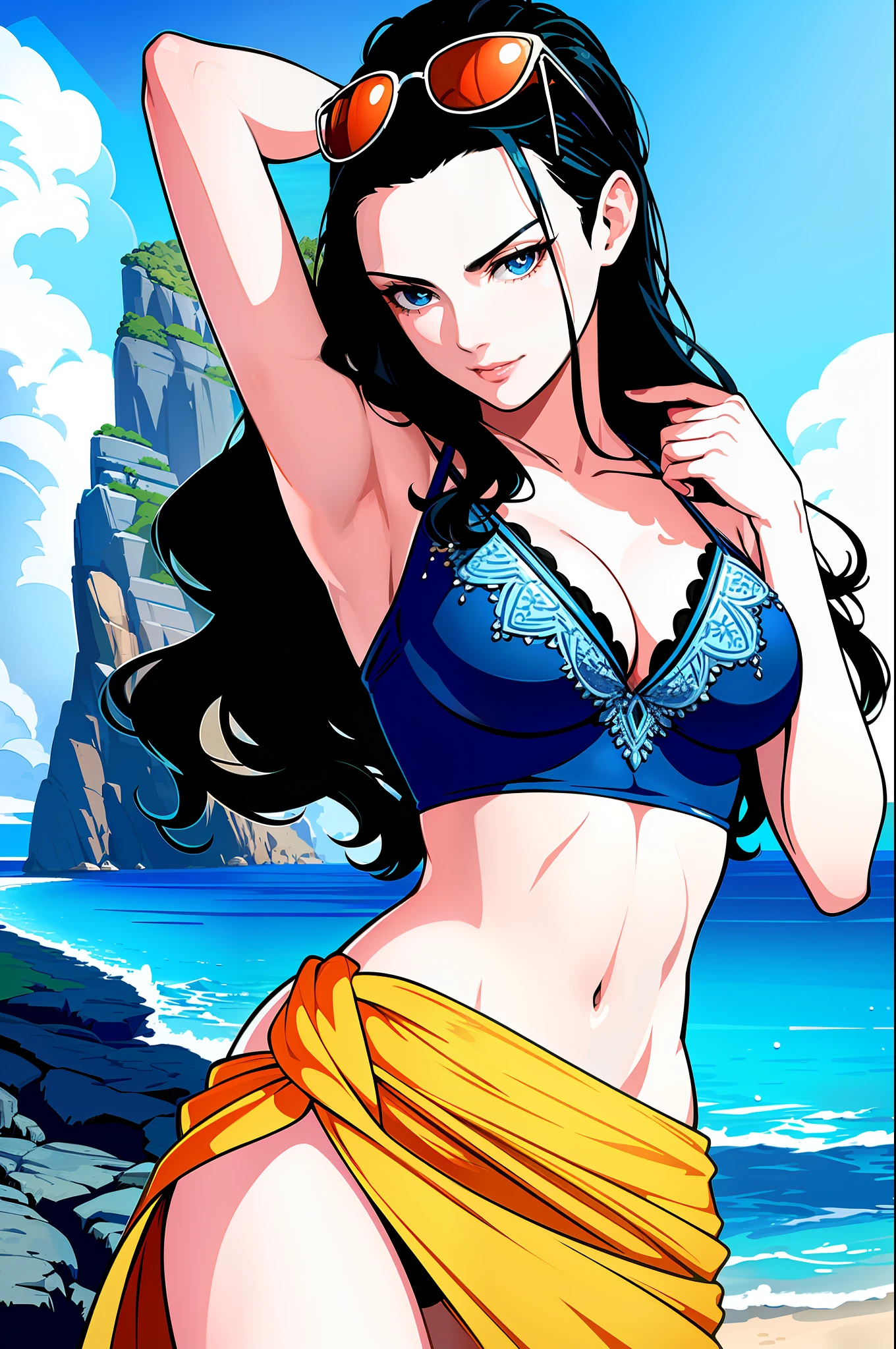 ultra realistic 8k cg, masterpiece, ((ultra detailed background, delicate pattern, intricate detail)), (highly detailed, fine details), best quality, 1girl, (photorealistic:1.4),beautiful lighting, absurdres, RAW photo, film grain, ((medium breasts, slim girl)), NicoRobinV2, 1girl, black hair, long hair, solo, medium breasts, (smile), sunglasses, blue eyes, eyewear on head, cleavage, closed mouth, hair slicked back, jewelry, collarbone, (swimsuit, crop top, cloth around waist), (complex detailed background, outside, nature environment, ocean, beach, sunny),