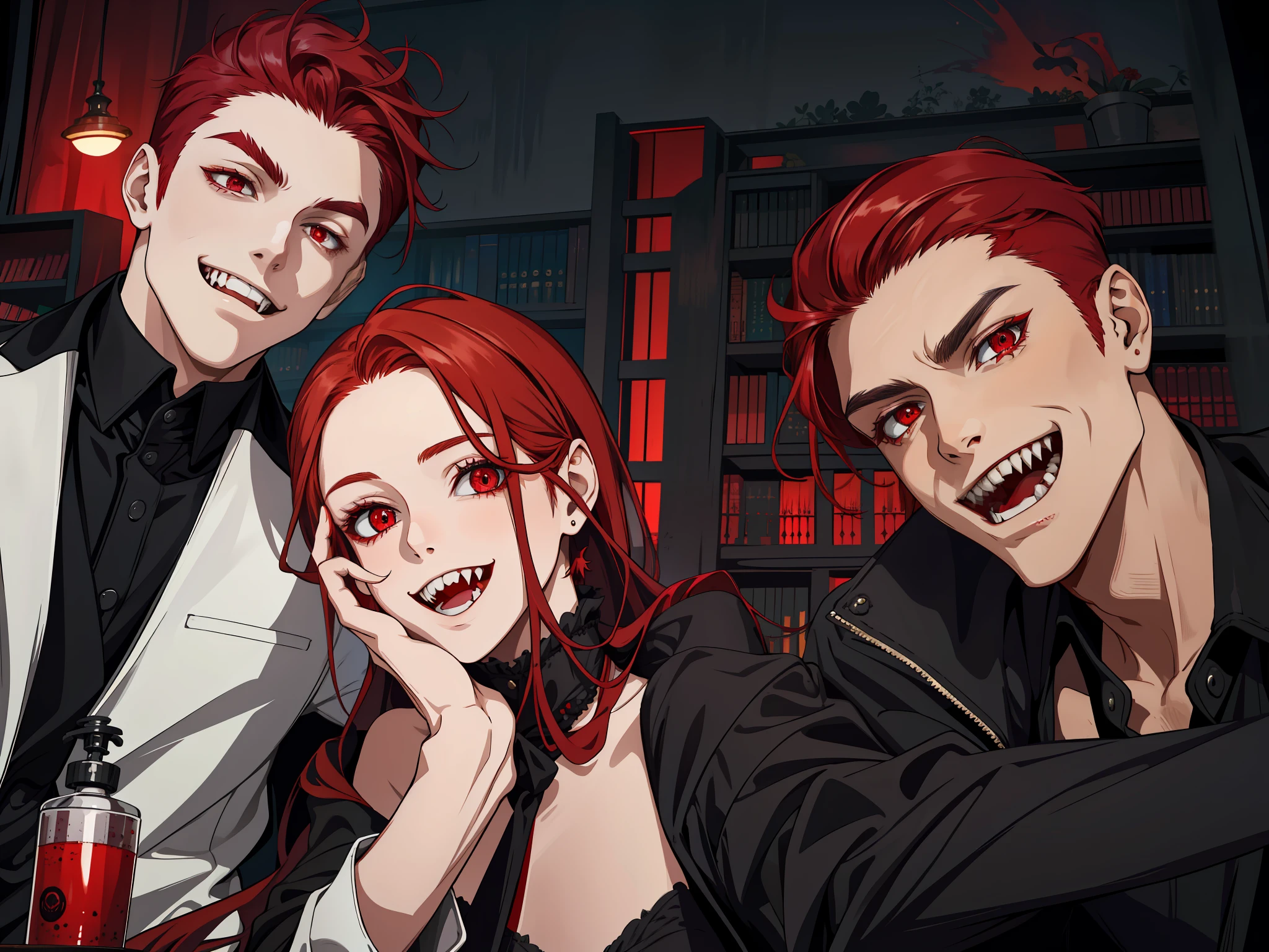 masterpiece, best quality, highres, 1girl, solo, modern vanpire, fangs, red hair, long hair, open hair, red eyes, evil smile, 2 boys on her both sides, both vampires with red hair, black and black outfit, scary background