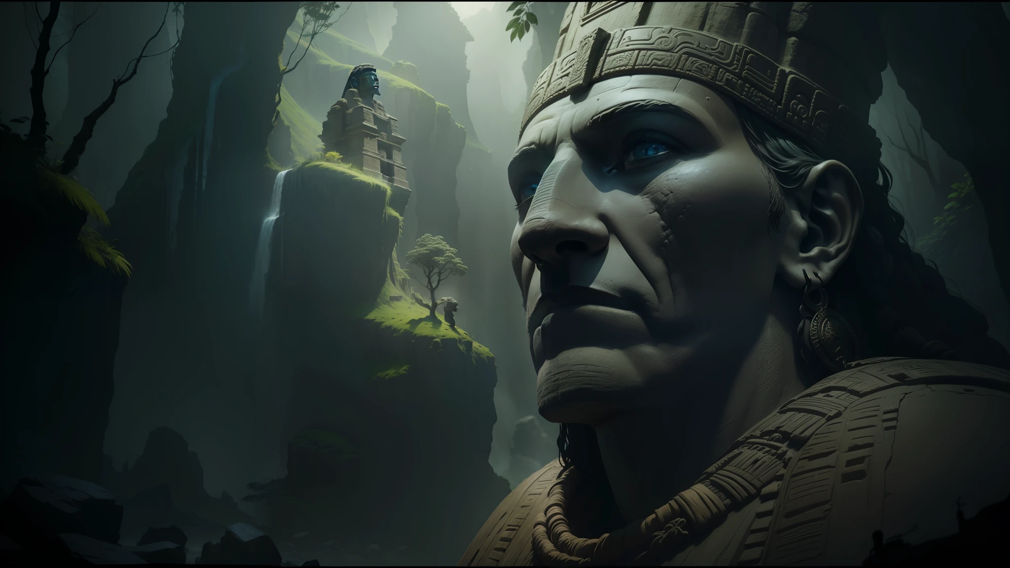 there is a statue of a man with a headdress in a cave, cinematic still frame, inca style, ancient trees, volumetric effect, imax close-up of face, giant moai statues, by Agustín Fernández, by Koloman Sokol, rendered in lumion, 2015 cinematography, quetzal, elaborate matte painting