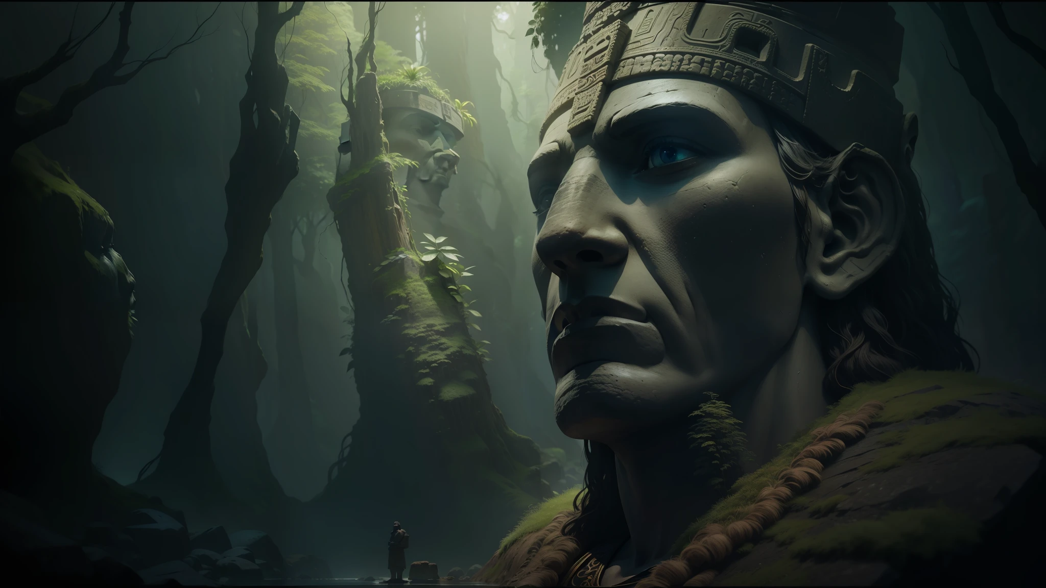 there is a statue of a man with a headdress in a cave, cinematic still frame, inca style, ancient trees, volumetric effect, imax close-up of face, giant moai statues, by Agustín Fernández, by Koloman Sokol, rendered in lumion, 2015 cinematography, quetzal, elaborate matte painting
