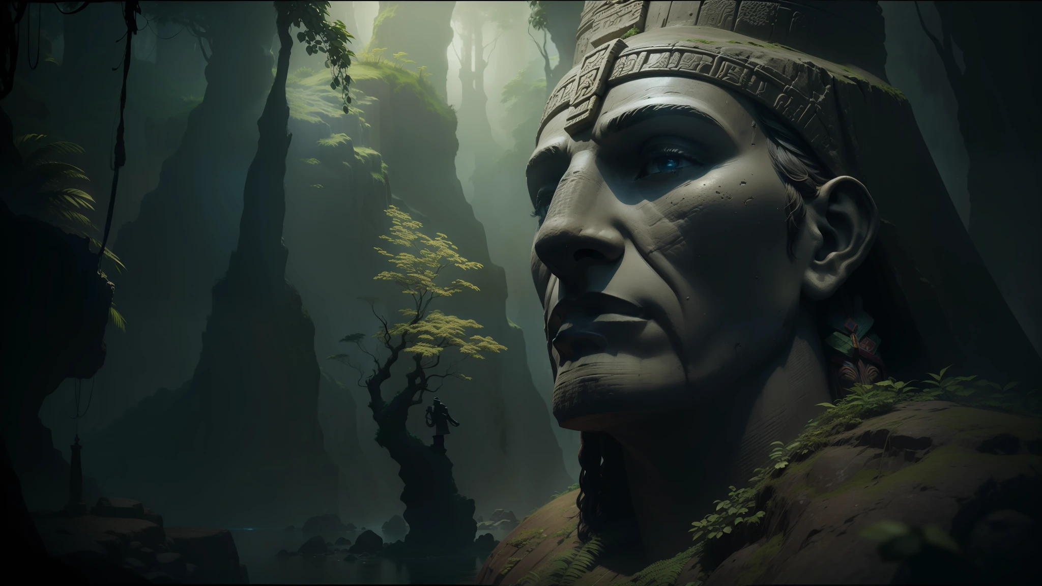 there is a statue of a man with a headdress in a cave, cinematic still frame, inca style, ancient trees, volumetric effect, imax close-up of face, giant moai statues, by Agustín Fernández, by Koloman Sokol, rendered in lumion, 2015 cinematography, quetzal, elaborate matte painting