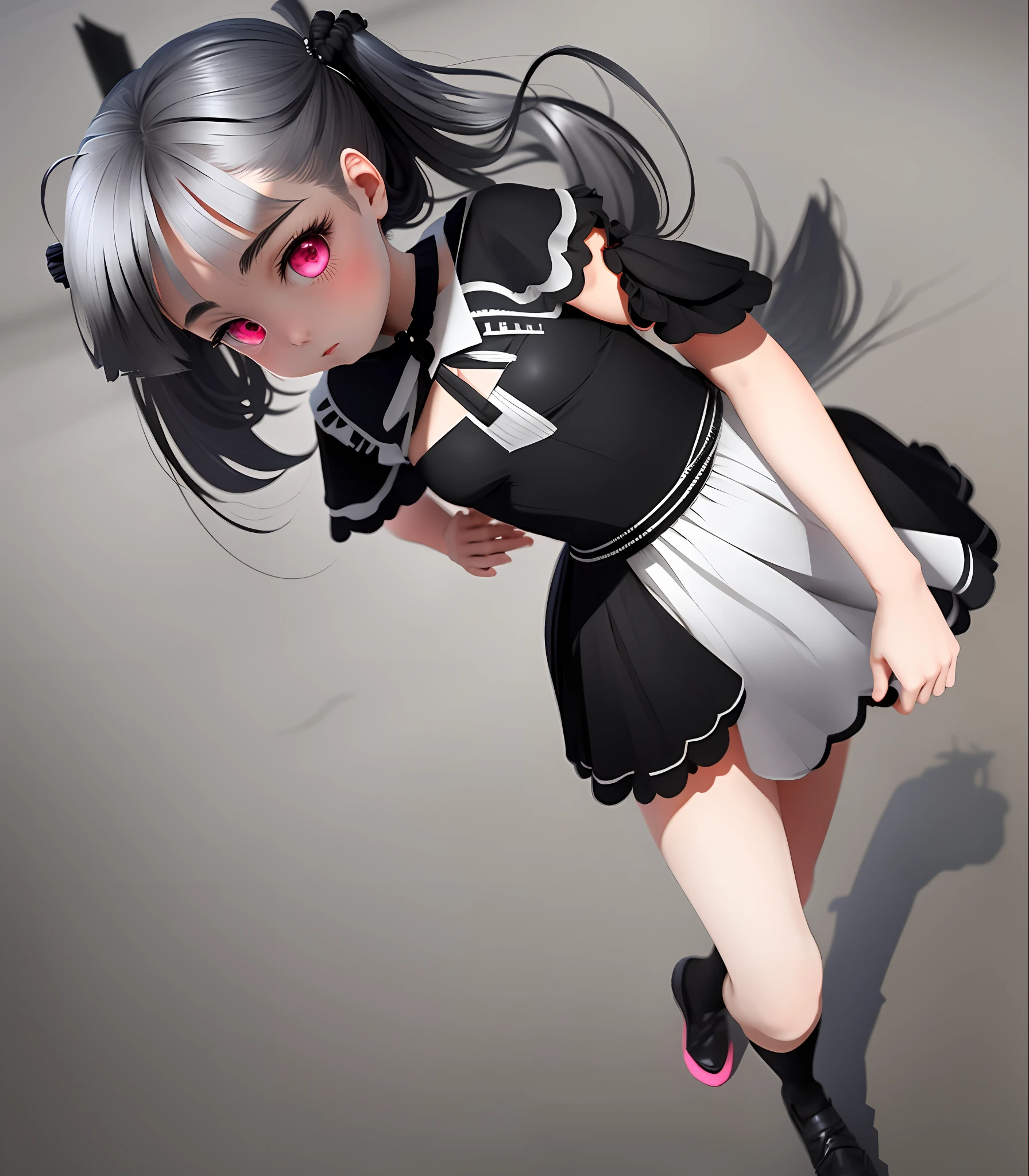 Black double ponytail, little devil hairpin, black and white dress, pink eyes, anime cute