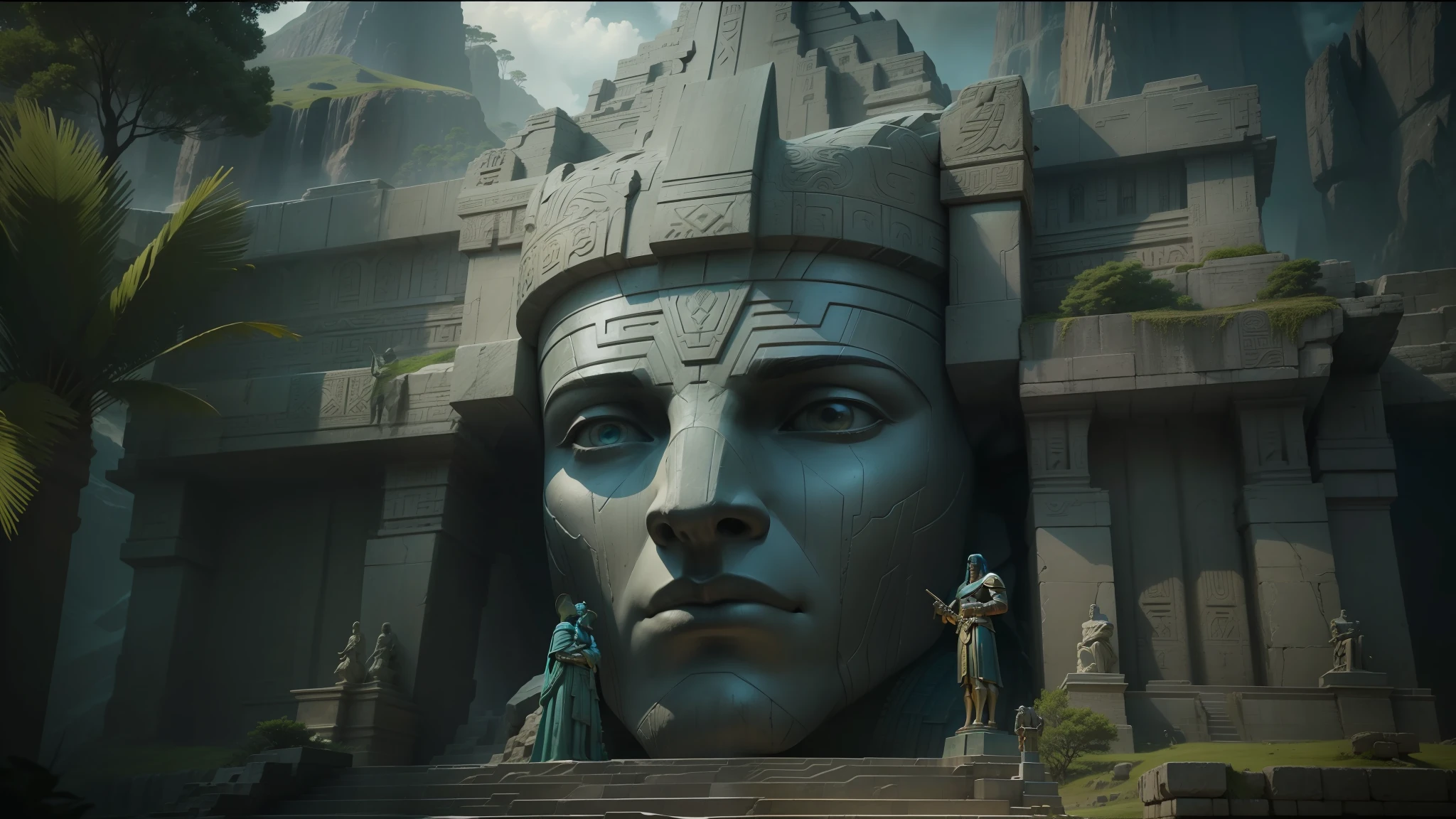 there is a giant statue of a man standing in front of a mountain, film still from 'thor', inspired by Tyler Edlin, ancient india, sexy movie photo, queen of atlantis, gigantic pillars, the sphinx, still frame from a movie, korean mmo, from the mandalorian (2019), egyptian god, still image from the movie, statues