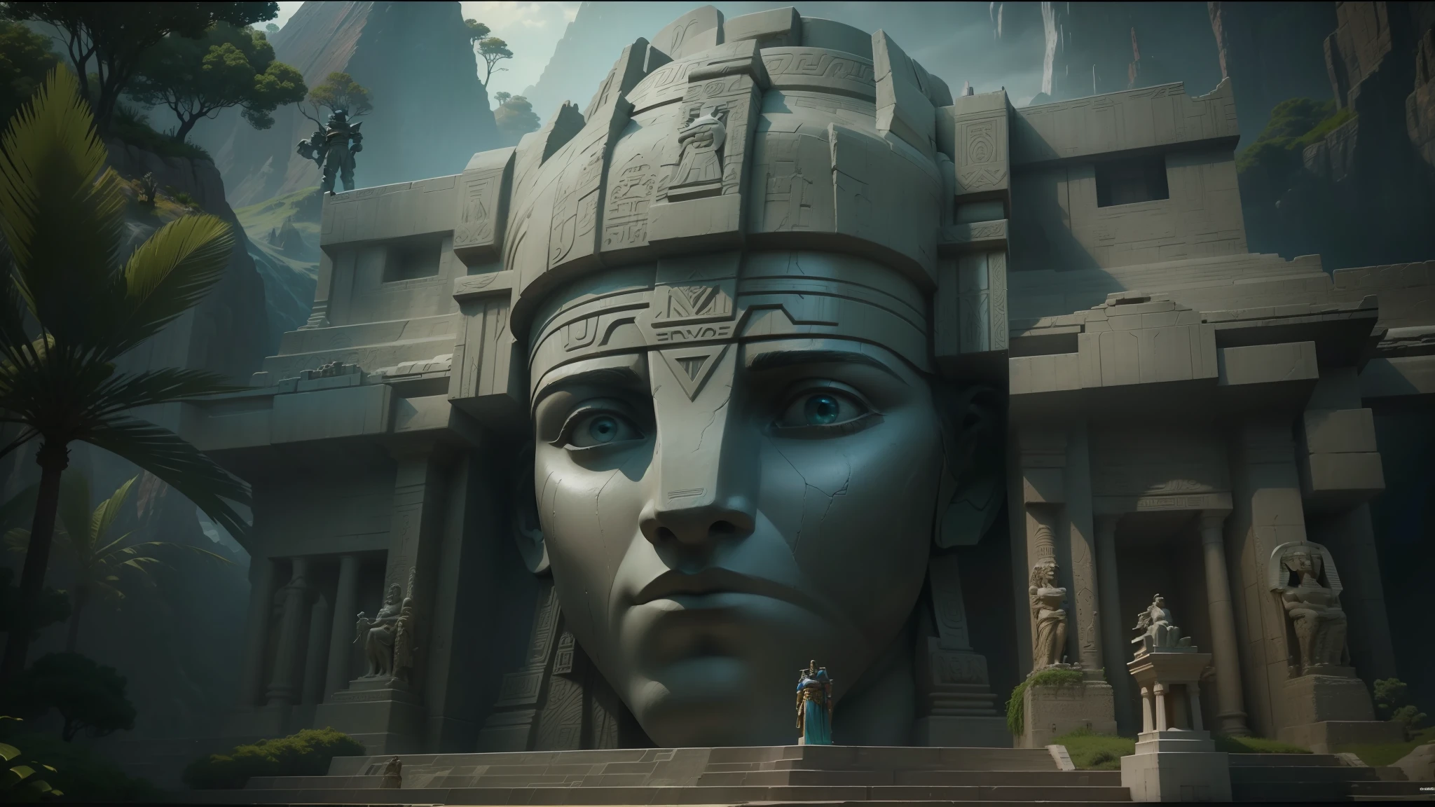 there is a giant statue of a man standing in front of a mountain, film still from 'thor', inspired by Tyler Edlin, ancient india, sexy movie photo, queen of atlantis, gigantic pillars, the sphinx, still frame from a movie, korean mmo, from the mandalorian (2019), egyptian god, still image from the movie, statues