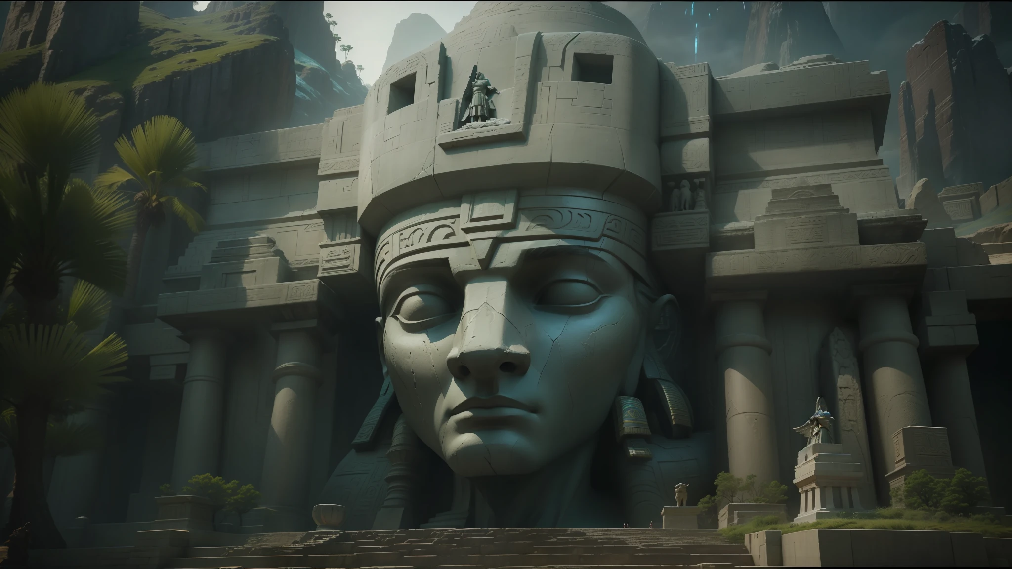 there is a giant statue of a man standing in front of a mountain, film still from 'thor', inspired by Tyler Edlin, ancient india, sexy movie photo, queen of atlantis, gigantic pillars, the sphinx, still frame from a movie, korean mmo, from the mandalorian (2019), egyptian god, still image from the movie, statues