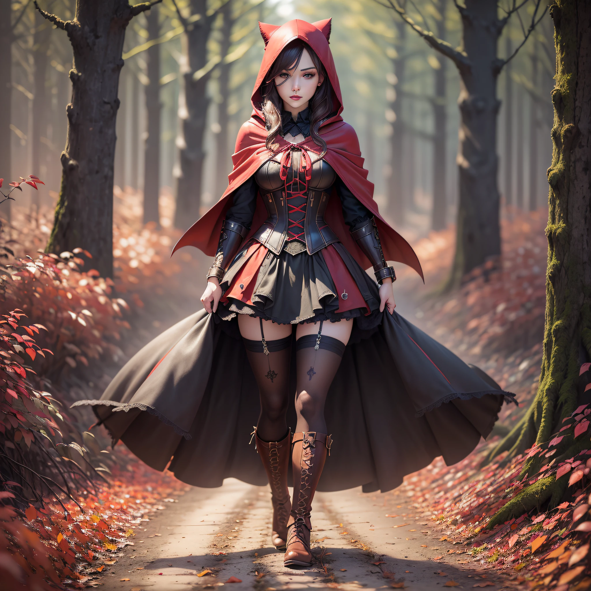 RedHoodWaifu,1girl, (8k, RAW photo, best quality, masterpiece:1.3), (ultra highres:1.2),detailed illustration, (real person,fashion photography portrait,photograph), detailed, detailed beautiful skin, (realistic, photo-realistic:1.37), (walking to the viewer),, (red hood, cape, corset, dress), (red skirt:1.2),naughty face, hood, back hair, tall boots,,sleevless,wristband,complicated dark night forest, detailed landscape background, professional lighting, eyelid,eyelashes,lipstick,(ultra detailed cloth)(full body),(stocking)