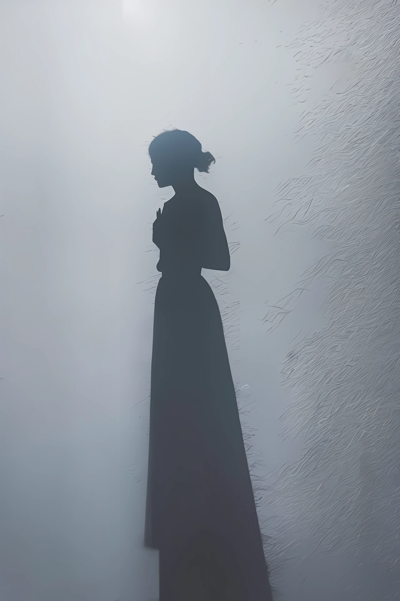 Woman all in white half ghostly as a shadow
