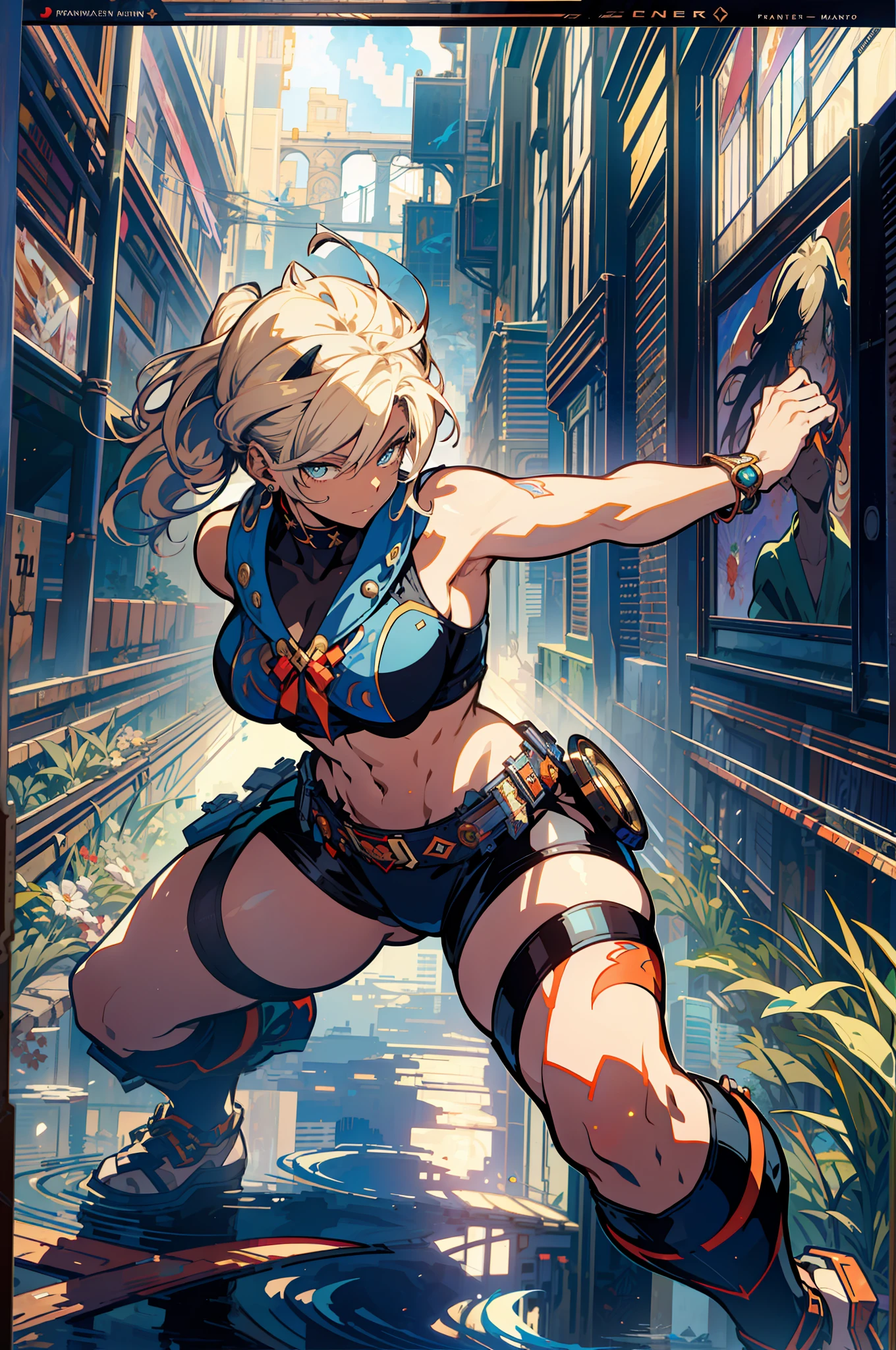 ::Kennedy and Daniel Sampere::2.0 Anime man illustration style, tatoon style, comic book style, , ultra detailed and in various full-body attack poses, (beautiful and clear background: 1.2),, fantastic paintings, graffiti style, flowers, highly detailed eyes, with a blouse underneath, with both fists in fighting position, and bracelets, fighting an enemy, with black hair, stained glass, outside, vibrant, alphonse mucha style, fantastic paintings by Joe Madureira, high quality, art, Ashley Graham Beautiful man with long red hair, freedom, soul, digital illustration, comic style, perfect anatomy, centered, approaching perfection, dynamic, highly detailed, watercolor painting, artstation, concept art, smooth, s (masterpiece, extremely_detailed_CG, 8k_wallpaper:1.2), serafuku black, dark skinned, white hair, sailor's collar, midriff, abs, _A_and_B, has blonde twintails and blue eyes, {masterpiece}, {extremely detailed}, Bgirl has short black hair and red eyes