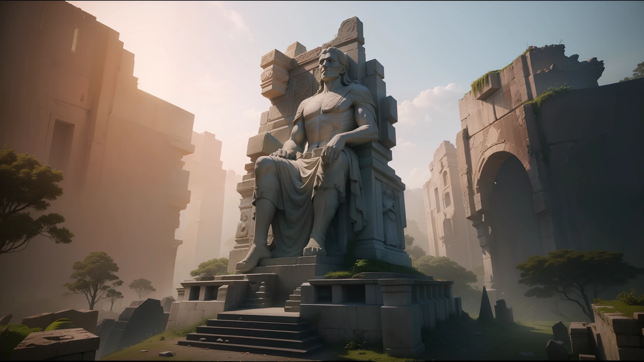 there is a stone statue in the middle of a forest, unreal maya, promotional movie still, by Simon de Vlieger, ruins, by Víctor Manuel García Valdés, aspect ratio 16:9, ps 3 graphics, quetzal, cinema still, filmstill, inspired by James Cadenhead