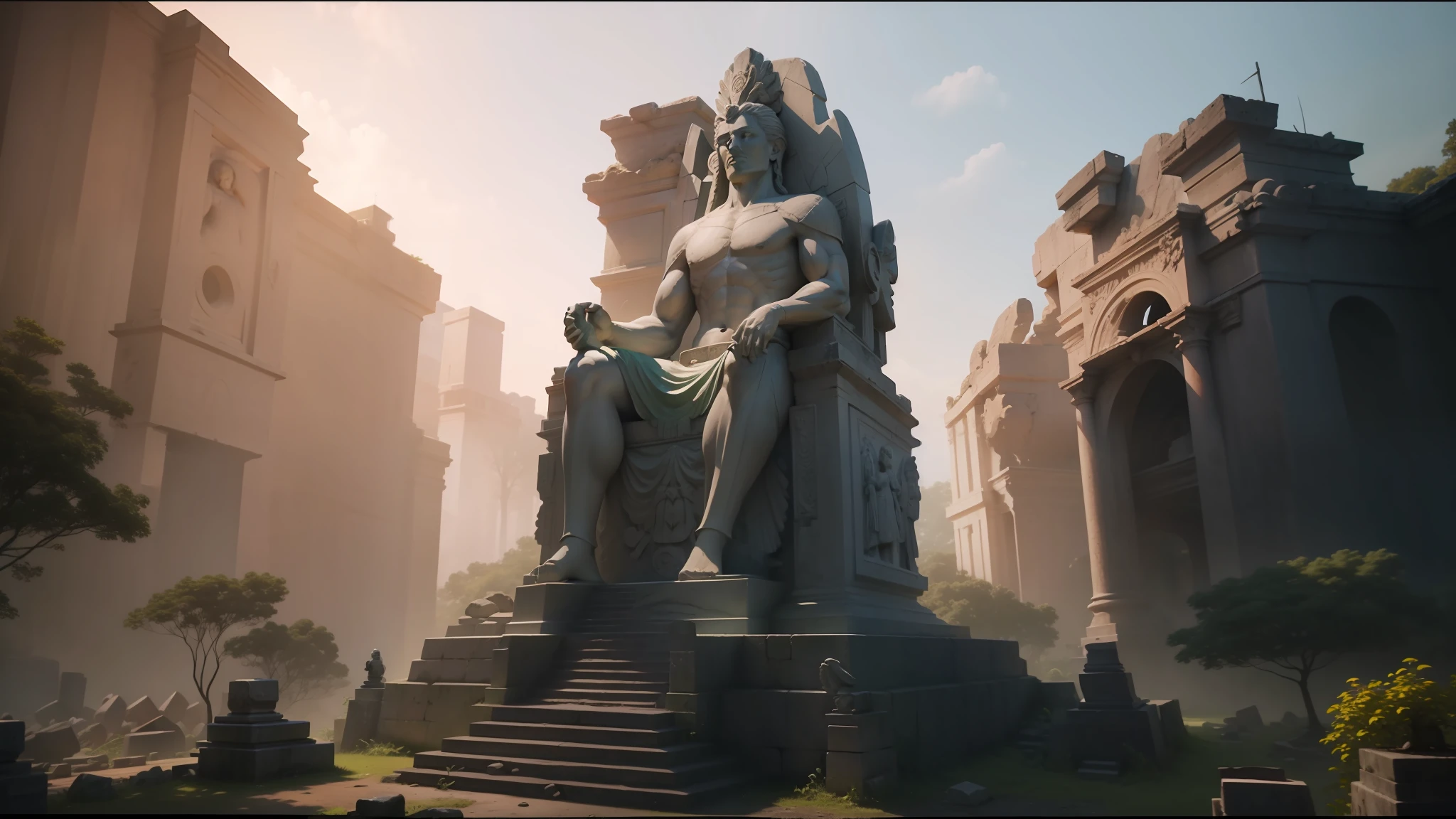 there is a stone statue in the middle of a forest, unreal maya, promotional movie still, by Simon de Vlieger, ruins, by Víctor Manuel García Valdés, aspect ratio 16:9, ps 3 graphics, quetzal, cinema still, filmstill, inspired by James Cadenhead