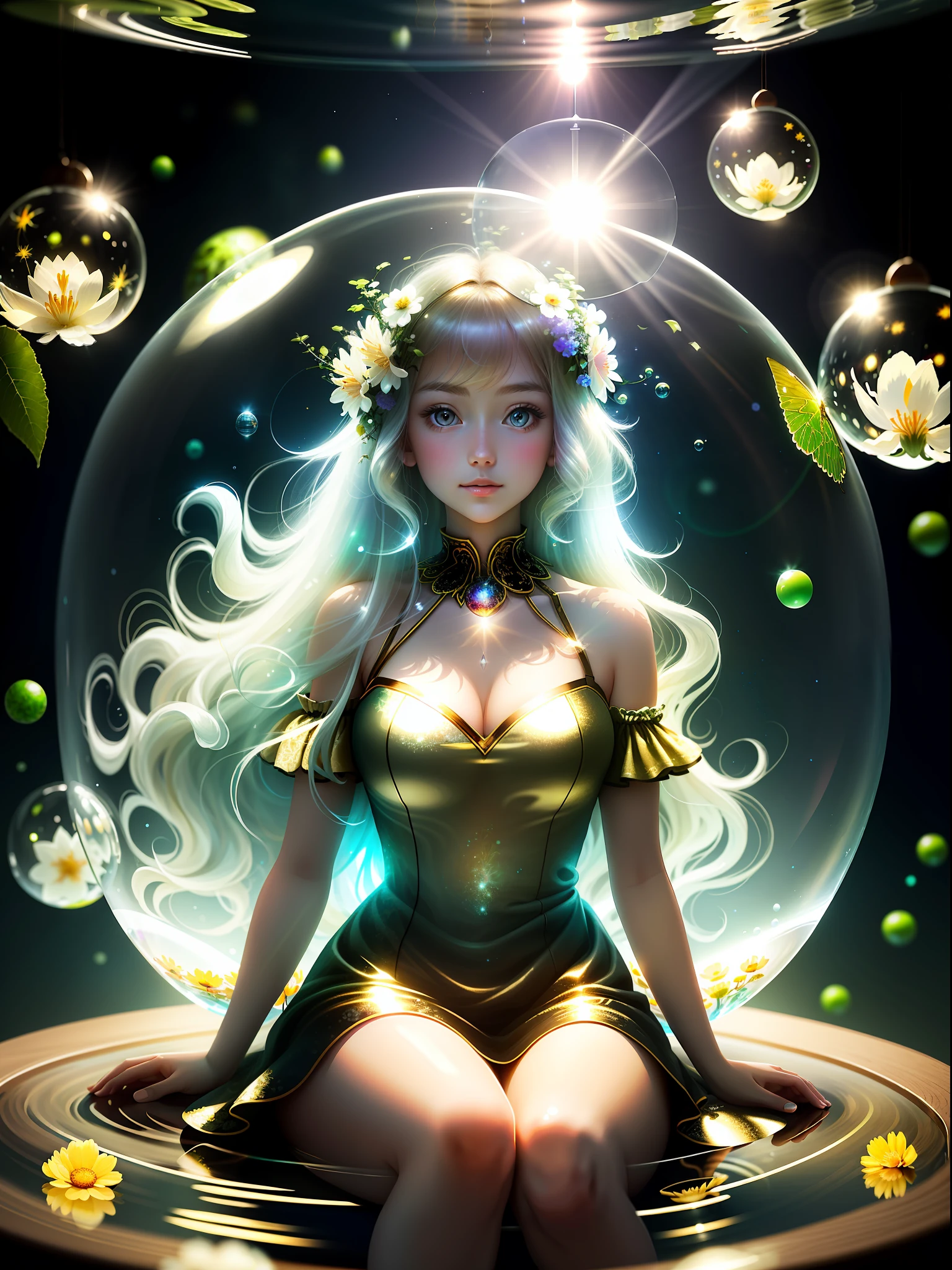 Masterpiece, Best quality, beautiful 1 girl, sitting on her knees inside a glass transparent sphere, girl in a sphere, visible in full growth, long unusual shining hair, big beautiful eyes, skin shines with light, background around water, glowing fluorescent flowers, air bubbles, fireflies