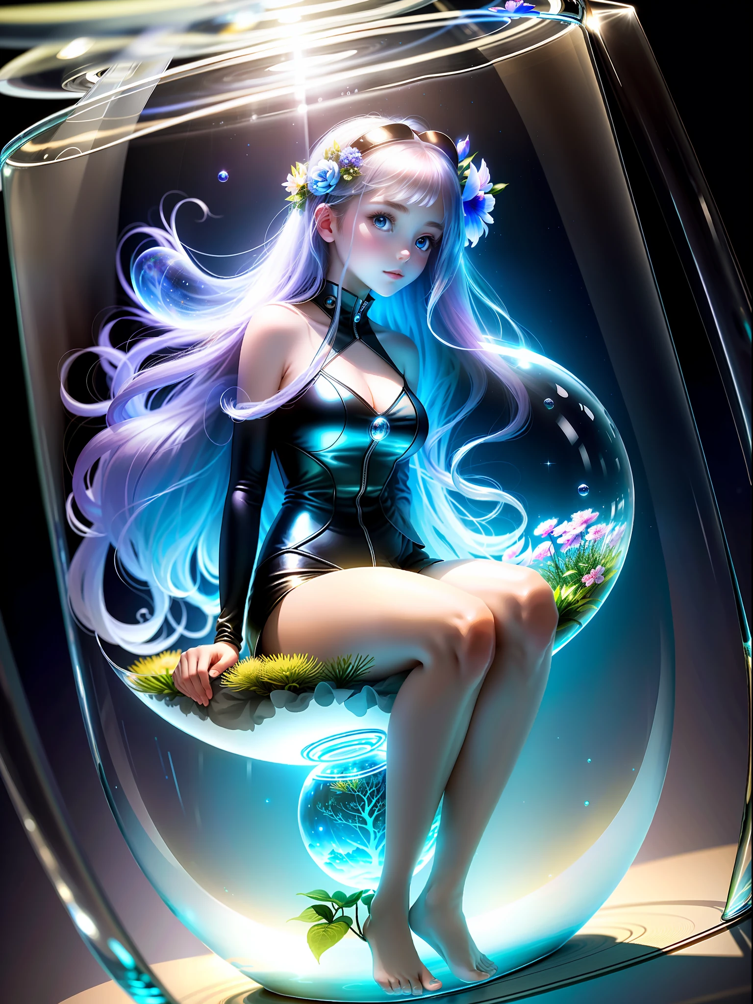 Masterpiece, Best quality, beautiful 1 girl, sitting on her knees inside a glass transparent sphere, girl in a sphere, visible in full growth, long unusual shining hair, big beautiful eyes, skin shines with light, background around water, glowing fluorescent flowers, air bubbles, fireflies