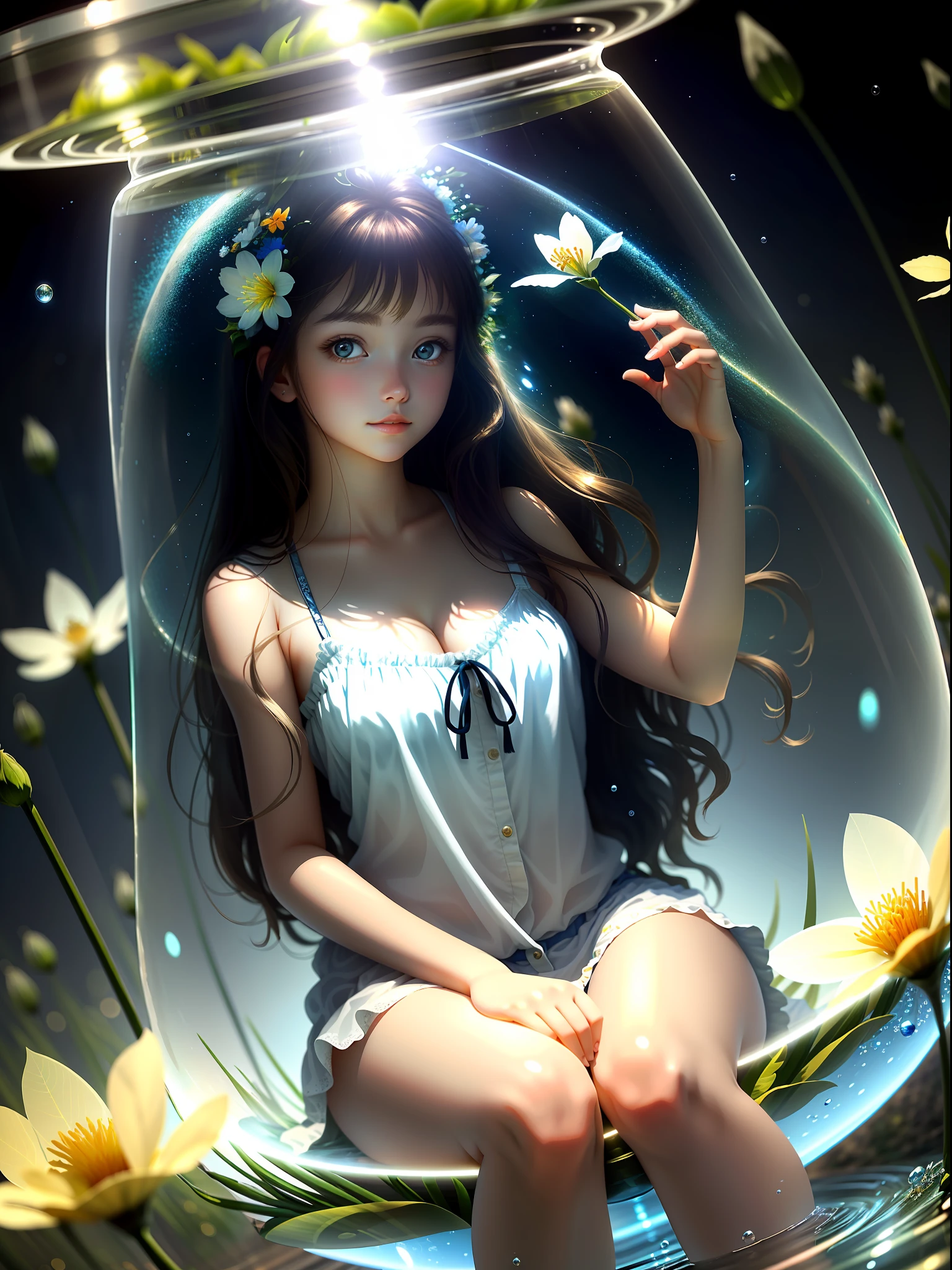 Masterpiece, Best quality, beautiful 1 girl, sitting on her knees inside a glass transparent sphere, girl in a sphere, visible in full growth, long unusual shining hair, big beautiful eyes, skin shines with light, background around water, glowing fluorescent flowers, air bubbles, fireflies