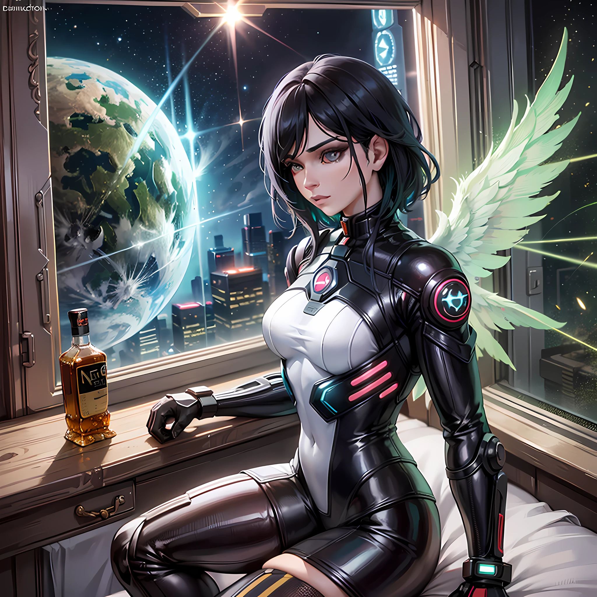 Foreground modern Black and British racing green themed room with desk made of walnut and contains smart mirror with a glass of Whisky on table. Woman standing near bed.there is a woman in a futuristic outfit standing in front of a globe, scifi woman, portrait anime space cadet girl, jet black haired cyberpunk girl, deviantart artstation cgscosiety, beautiful woman in spacesuit, powerful woman sitting in space, in spacesuit, girl in space, trendin on artstation, cyberpunk 2 0 y. o model girl, Angelic poses , angel wings, various poses , nephilim, sward ,gun. Extreme detail. unreal engine 5 volumetric lighting . OLED , HDR. vibrant, reflections , ray tracing , path tracing. Detailed Planet with rings are twice the diameter of the planet being destroyed by impact of asteroid extreme damage , huge explosion on surface of the planet being destroyed can be seen from a window outside of the deep space station as background. Beautiful face , detailed iris , good pupils, good hands. DSLR quality. Detailed iris refecting planet hit by astroid,hyper realistic, new , improved , vibrant colours, asthetic, wallpaper.Wings , beautiful , stunning , god rays