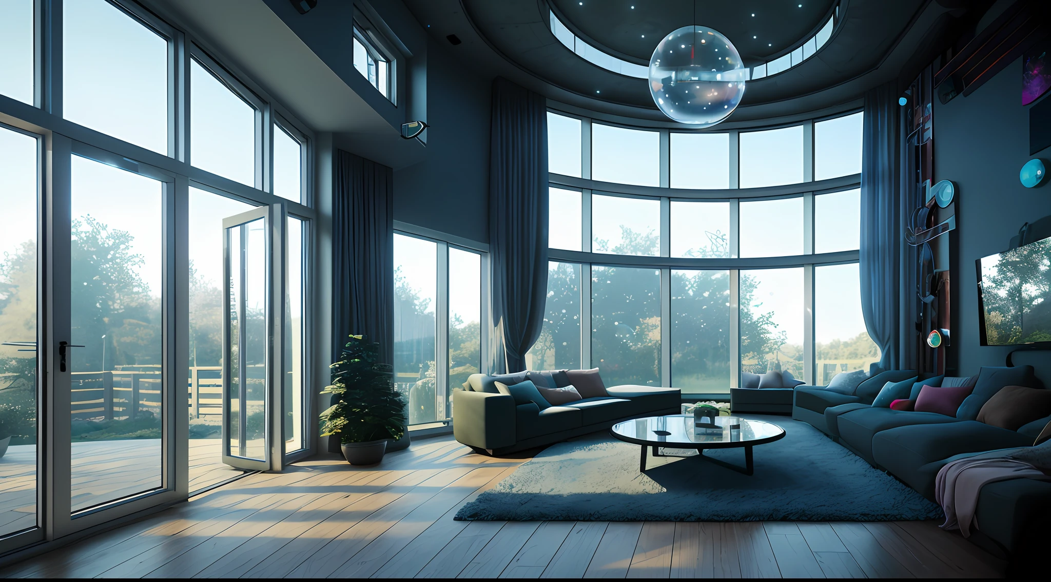 a home built in a huge Soap bubble, windows, doors, porches, awnings, middle of SPACE, cyberpunk lights, Hyper Detail, 8K, HD, Octane Rendering, Unreal Engine, V-Ray, full hd