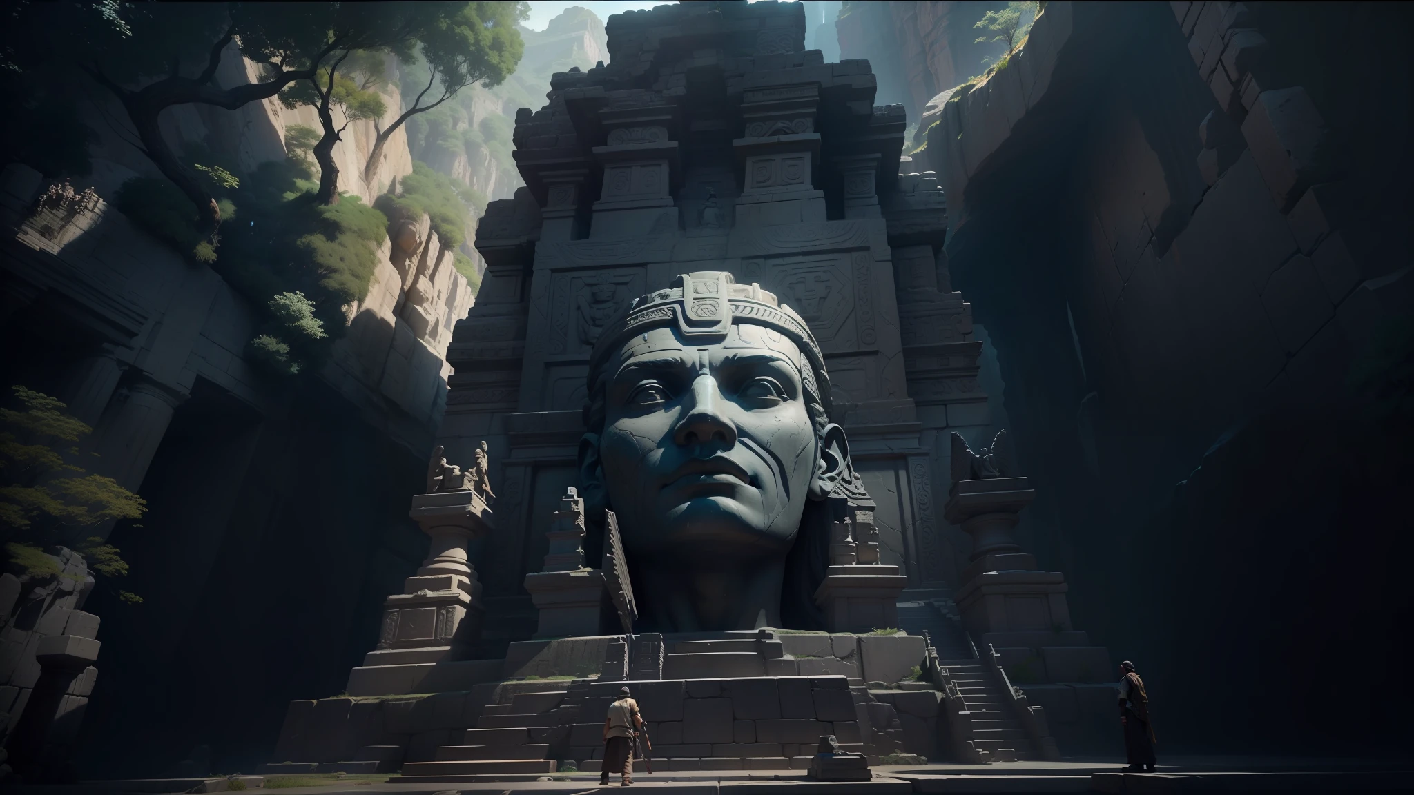 there is a large statue of a man in a canyon, playable trailer, inspired by Enrique Tábara, submerged pre - incan temple, trending on unreal engine, gigantic pillars and flowers, video game screenshot>, gamedesign, the sphinx, the witness, by Kim Du-ryang, moai