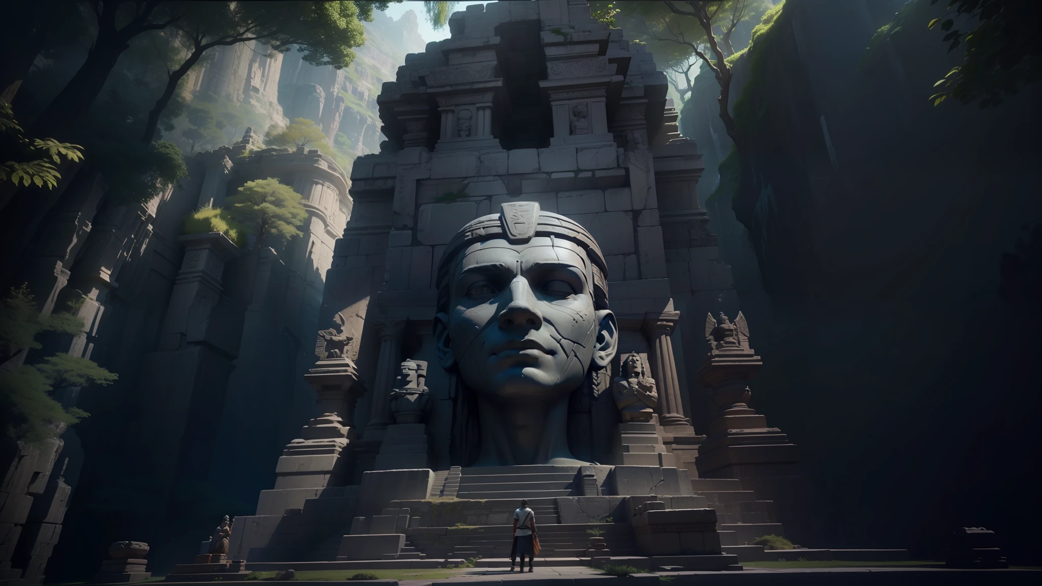 there is a large statue of a man in a canyon, playable trailer, inspired by Enrique Tábara, submerged pre - incan temple, trending on unreal engine, gigantic pillars and flowers, video game screenshot>, gamedesign, the sphinx, the witness, by Kim Du-ryang, moai