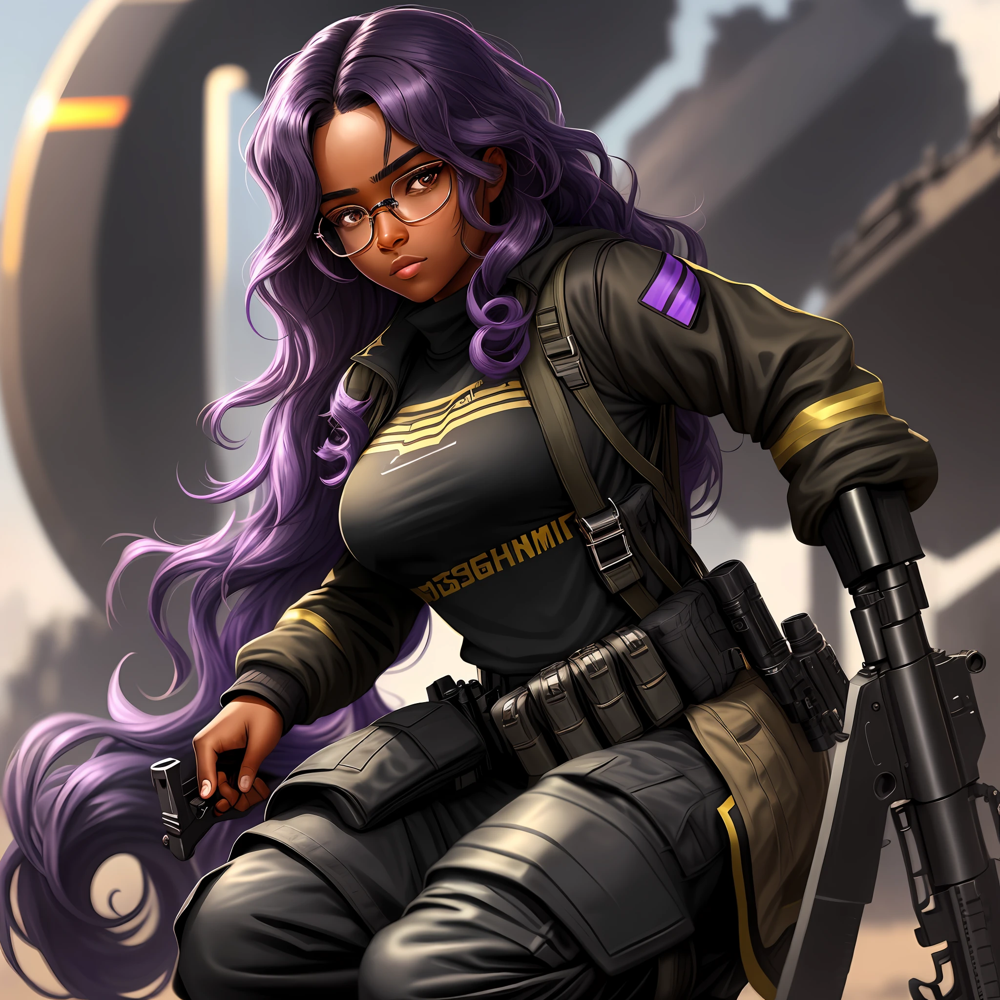 A cute girl with brown skin, sexy body, wavy purple hair [with shades of black], golden eyes (shiny), ultra realistic eyes, with an AK47 in her hands, glasses, crouched, with sniper clothes, Valorant, round face, realistic lighting, Radiosity, Close UP.