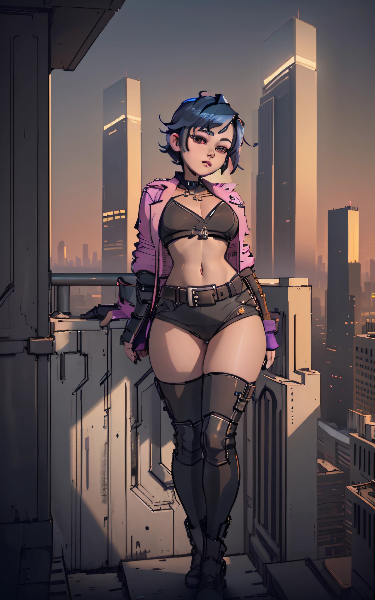 masterpiece, best quality, ultra-detailed, illustration, epic lighting, cinematic composition, isometric, 1girl, standing on a balcony of a highrise overlooking a cityscape, back turned to viewer, ass on show,viewer, cityscape background, cyberpunk, cute, petite, (beautiful), short hair, blue hair, fat thighs, pink eyes, eye gradient, wide hips, tall, flat chest, small chest, crop top, exposed navel, high waisted thong, no pants, black boots, thigh high boots, thigh highs, purple jacket, (8k:1.1), ((excited)), [[[smiling]]], (((masterpiece))),(((bestquality))),((ultra-detailed)),(illustration),((anextremelydelicateandbeautiful)),(beautifuldetailedeyes),(detailedligh