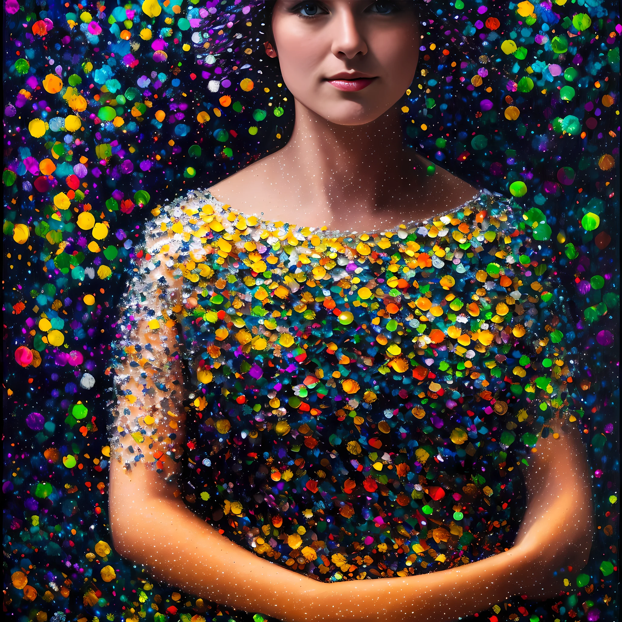 highres, shadows, absurdres, best_quality, ultra_detailed, 8k, extremely_clear, photograph, beautiful, sharp focus, hdr, 30yo Mary made of night, iridescent painting, contemporary impressionism, (black background:1.)