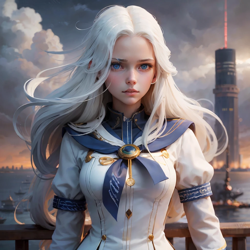 (masterpiece, best quality: 1.4), (1girl), long straight white hair, blue eyes, detailed face, sailor uniform, detailed clothing, combat pose, gust of wind, vivid colors, highest resolution, wallpaper, professional illustration, (realistic:1.2), intricate, highly detailed, landscape, dramatic lighting, cityscape view from harbor, daylight summertime