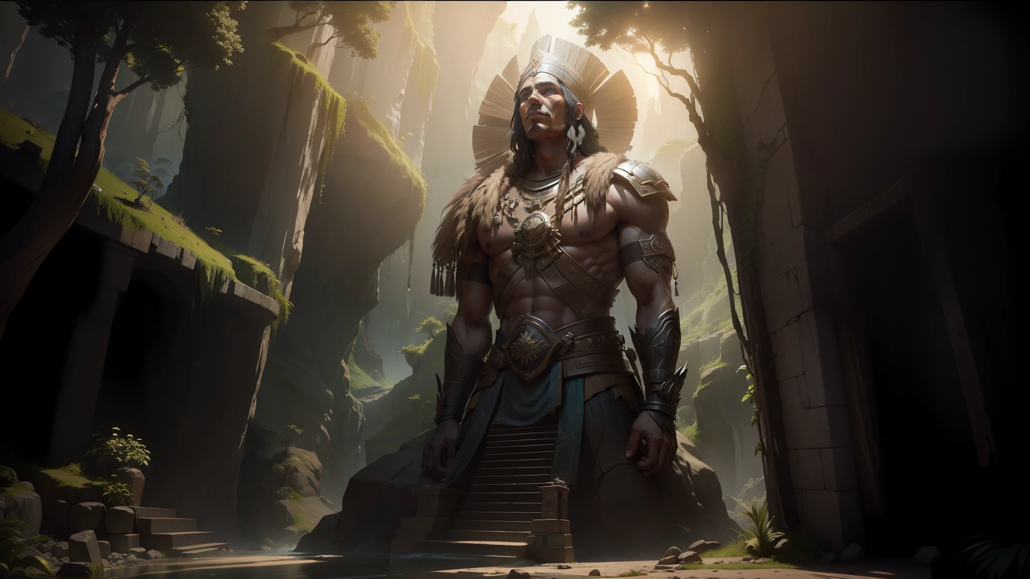 there is a statue of a man with a headdress in a cave, cinematic still frame, inca style, ancient trees, volumetric effect, imax close-up of face, monumental giant palace, by Agustín Fernández, cinematic ilumination, fallen columns, by Alejandro Obregón, 2 0 2 1 cinematic 4 k framegrab, (((unreal engine)))