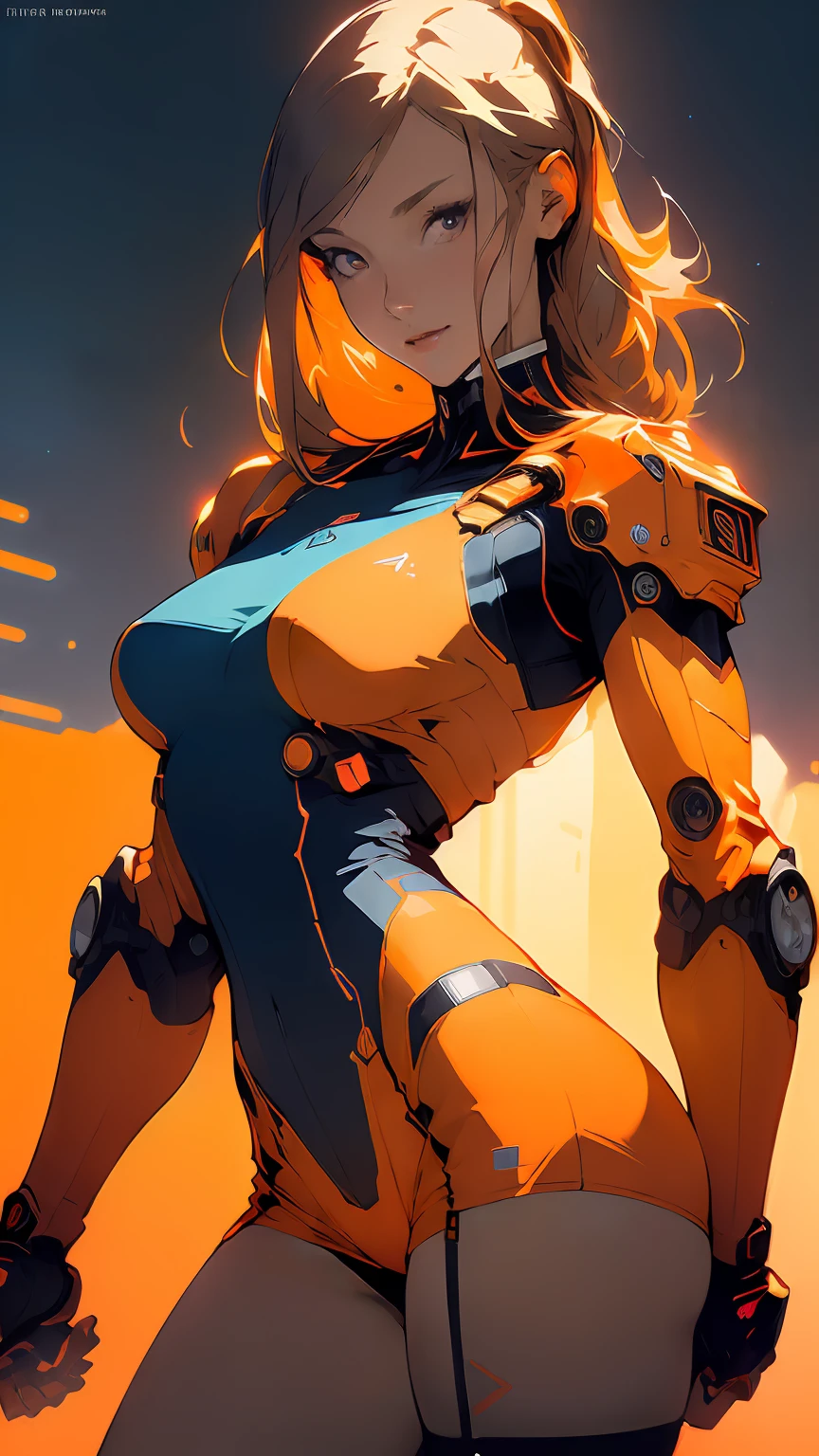 ((Best quality)), ((masterpiece)), (detailed: 1.4), Robot pilot woman defined muscular body, Neon evangelion style, half thick naked thighs, closed mouth, only panties, muscular body parts covered by technological clothing, (((medium breasts)) perfect, generous neckline, (((orange clothing)), Holland, pastel, (((mechanical arm))), airplane wings on the back, dark brown straight hair with straight bangs on the forehead, short underwear, garter belt, by mucha, niji --V5, close to real, best quality, almost naked, psychopathic, crazy face, sexy pose, psychedelic background, 2 piece clothes, Holland symbol designs, cyberpunk, dark blue bra with the sun, (((clothes with the colors of the Dutch national team shirt))), pointed shoulder pads, blue eyes without pupils, HDR (High Dynamic Range), Ray Tracing,NVIDIA RTX,Super-Resolution,Unreal 5,Subsurface Dispersion, PBR Texture, Post-processing, Anisotropic Filtering, Depth of Field, Maximum Clarity and Sharpness, Multilayer Textures, Albedo and Specular Maps, Surface Shading, Accurate Simulation of Light-Material Interaction, Perfect Proportions, Octane Render, Two-Tone Lighting, Wide Aperture, Low ISO, White Balance, Rule of Thirds, 8K RAW, Crysisnanosuit