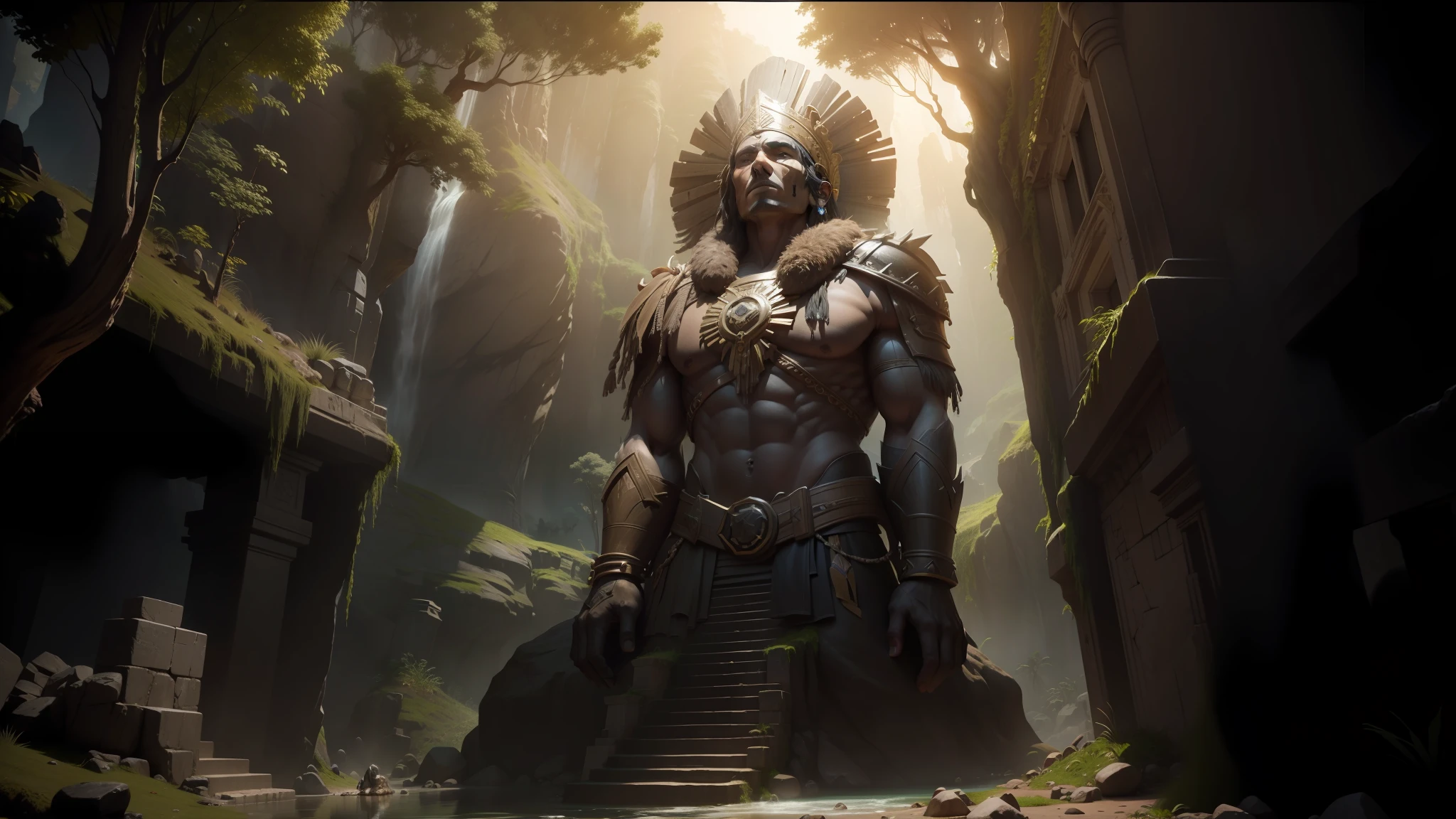 there is a statue of a man with a headdress in a cave, cinematic still frame, inca style, ancient trees, volumetric effect, imax close-up of face, monumental giant palace, by Agustín Fernández, cinematic ilumination, fallen columns, by Alejandro Obregón, 2 0 2 1 cinematic 4 k framegrab, (((unreal engine)))