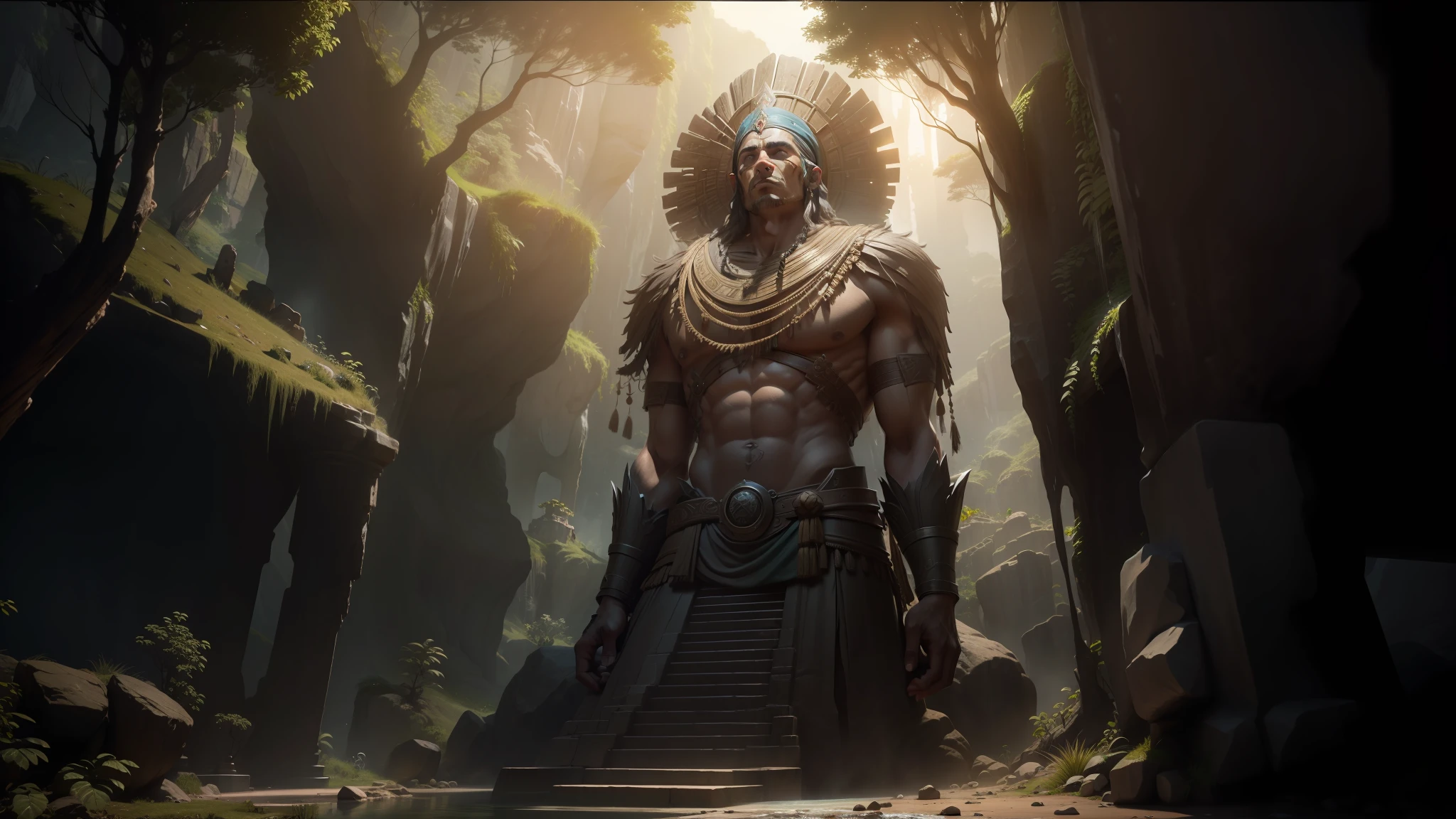there is a statue of a man with a headdress in a cave, cinematic still frame, inca style, ancient trees, volumetric effect, imax close-up of face, monumental giant palace, by Agustín Fernández, cinematic ilumination, fallen columns, by Alejandro Obregón, 2 0 2 1 cinematic 4 k framegrab, (((unreal engine)))