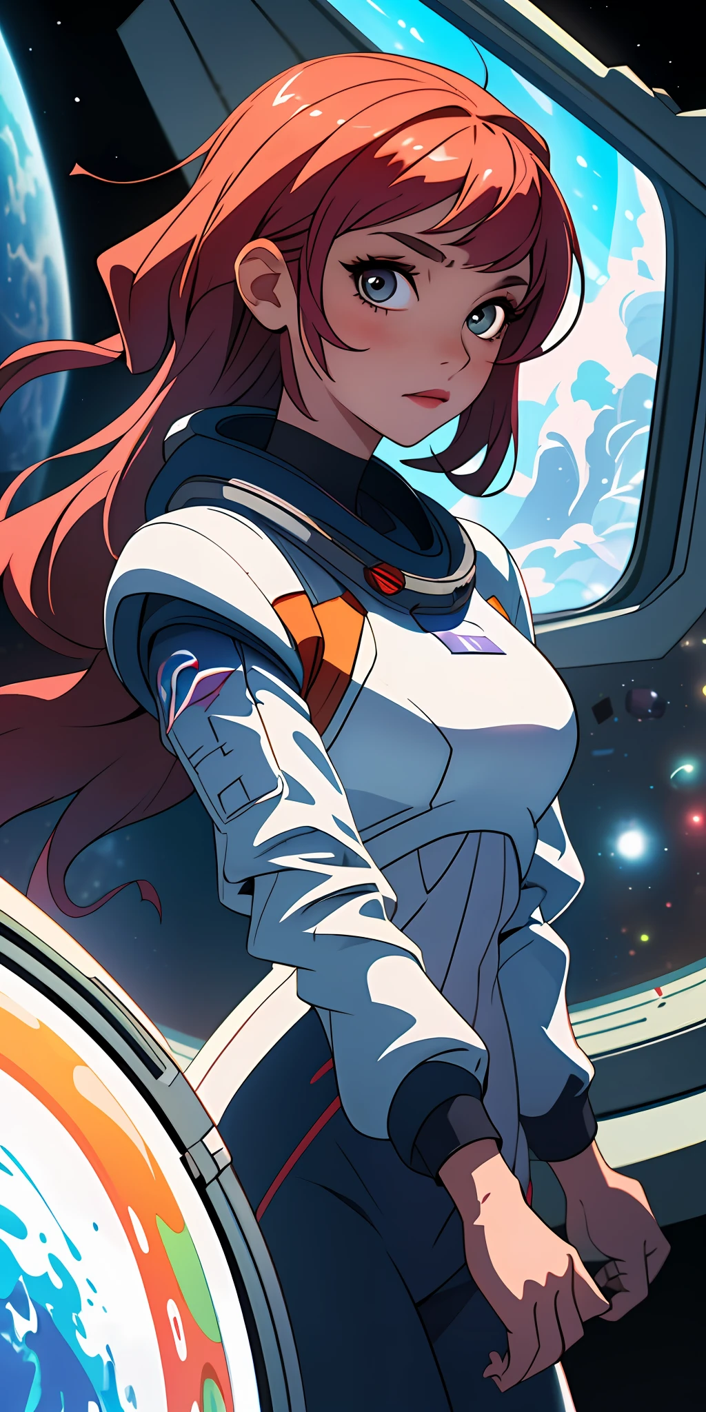 (Best Quality, Masterpiece), 1 Girl, Looking at the Viewer, Blurred Background, Upper Body, Contemporary, Dress, Space Station, Space Tourism