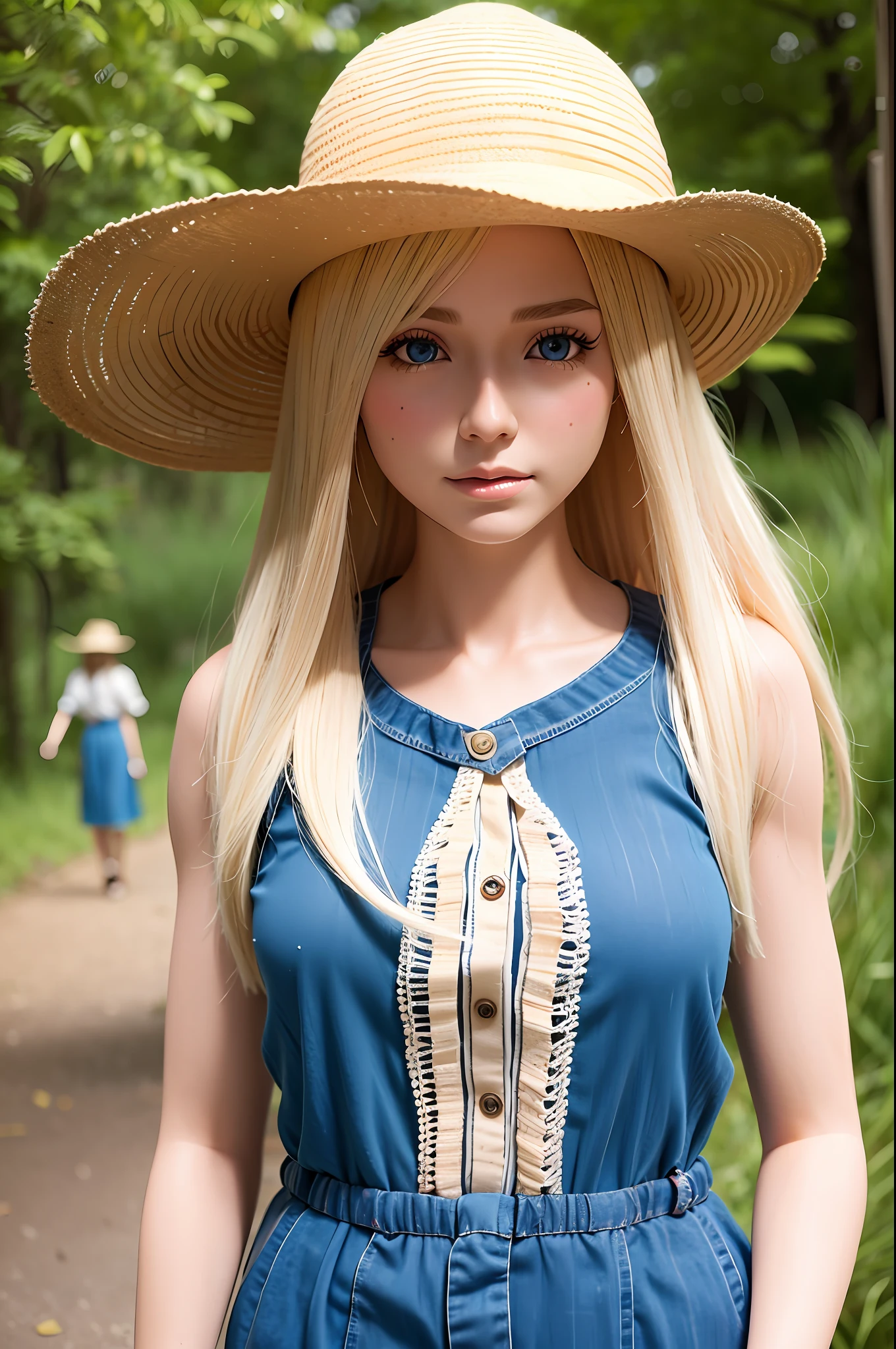 Realistic Barbie Doll, Northeastern, Caipira Clothing, Shy, 8K, Clear Face, Blonde Hair, Blue Eyes, 3D, 4K, High Resolution, Hillbilly Hat, Female Character,Simple Clothing,Poor,(Caipira), (Northeastern)