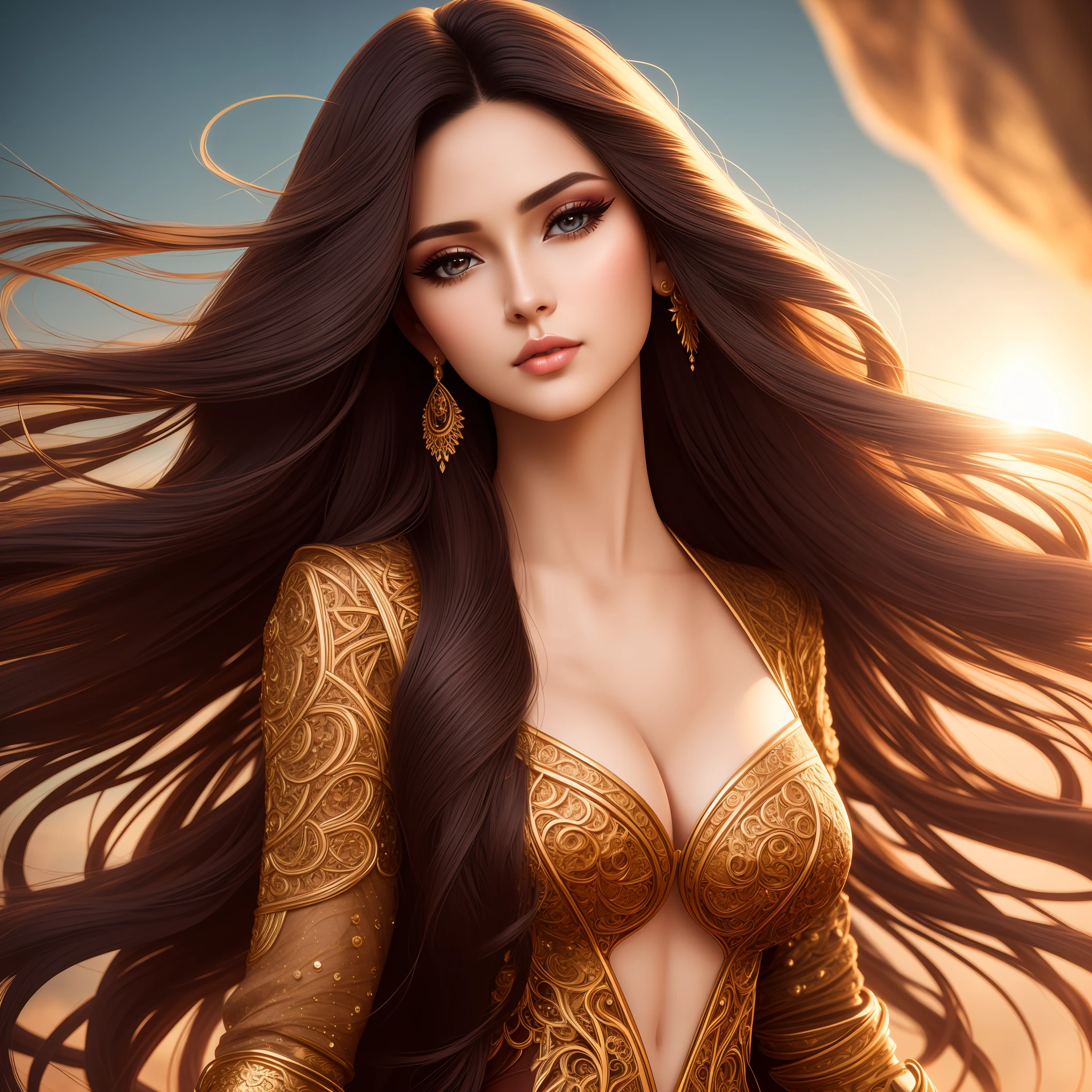 Photograph of a woman with natural skin, long and voluminous hair, sharp eyes, a thin and upturned nose, shapely lips, an hourglass body shape, typical clothes and makeup, intricately maximalist-detailed, vibrant, epic, smooth, cinematic, 4K, backlit, and a shallow depth of field.