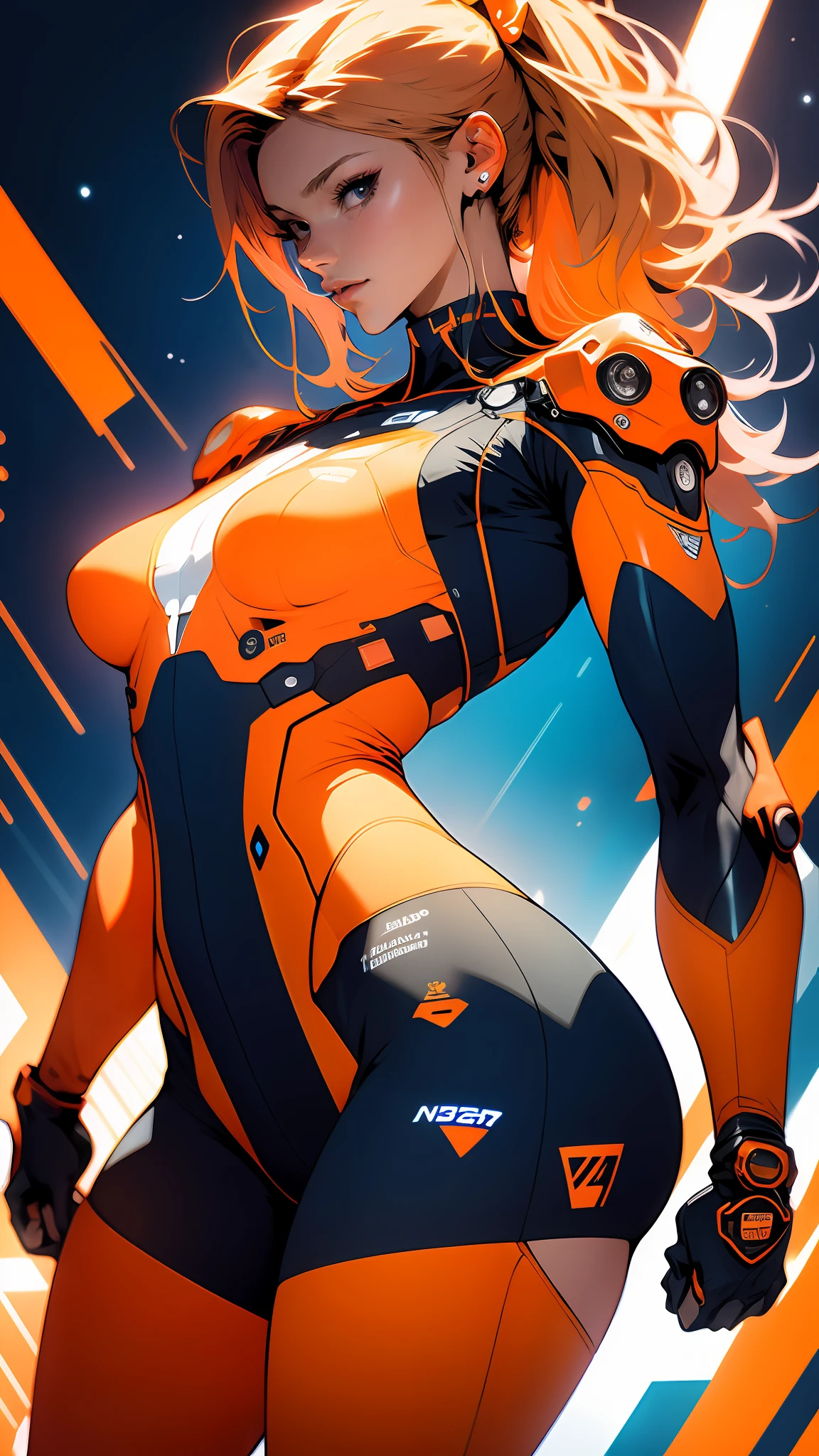 ((Best quality)), ((masterpiece)), (detailed: 1.4), Robot pilot woman muscular body defined, Neon evangelion style, half thick naked thighs, closed mouth, only panties, muscular body parts covered by technological clothing, (((medium breasts)) perfect, generous neckline, ((orange clothing)), Holland, pastel, (((mechanical arm)))), airplane wings on the back, blonde hair with orange locks, short underwear, garter belt, by mucha, niji --V5, close to real, best quality, almost naked, psychopath, crazy face, sexy pose, psychedelic background, 2 pieces clothing, Holland symbol designs, cyberpunk, dark blue bra with the sun, (((clothes with the colors of the shirt of the Dutch national team )))), pointed shoulder pads, blue eyes without pupils, HDR (High Dynamic Range),Ray Tracing, NVIDIA RTX,Super-Resolution,Unreal 5,Subsurface Dispersion, PBR Texture, Post-processing, Anisotropic Filtering, Depth of Field, Maximum Clarity and Sharpness, Multilayer Textures, Albedo and Specular Maps, Surface Shading, Accurate Simulation of Light-Material Interaction, Perfect Proportions, Octane Render, Two-Tone Lighting, Wide Aperture, Low ISO, White Balance, Rule of Thirds, 8K RAW, Crysisnanosuit