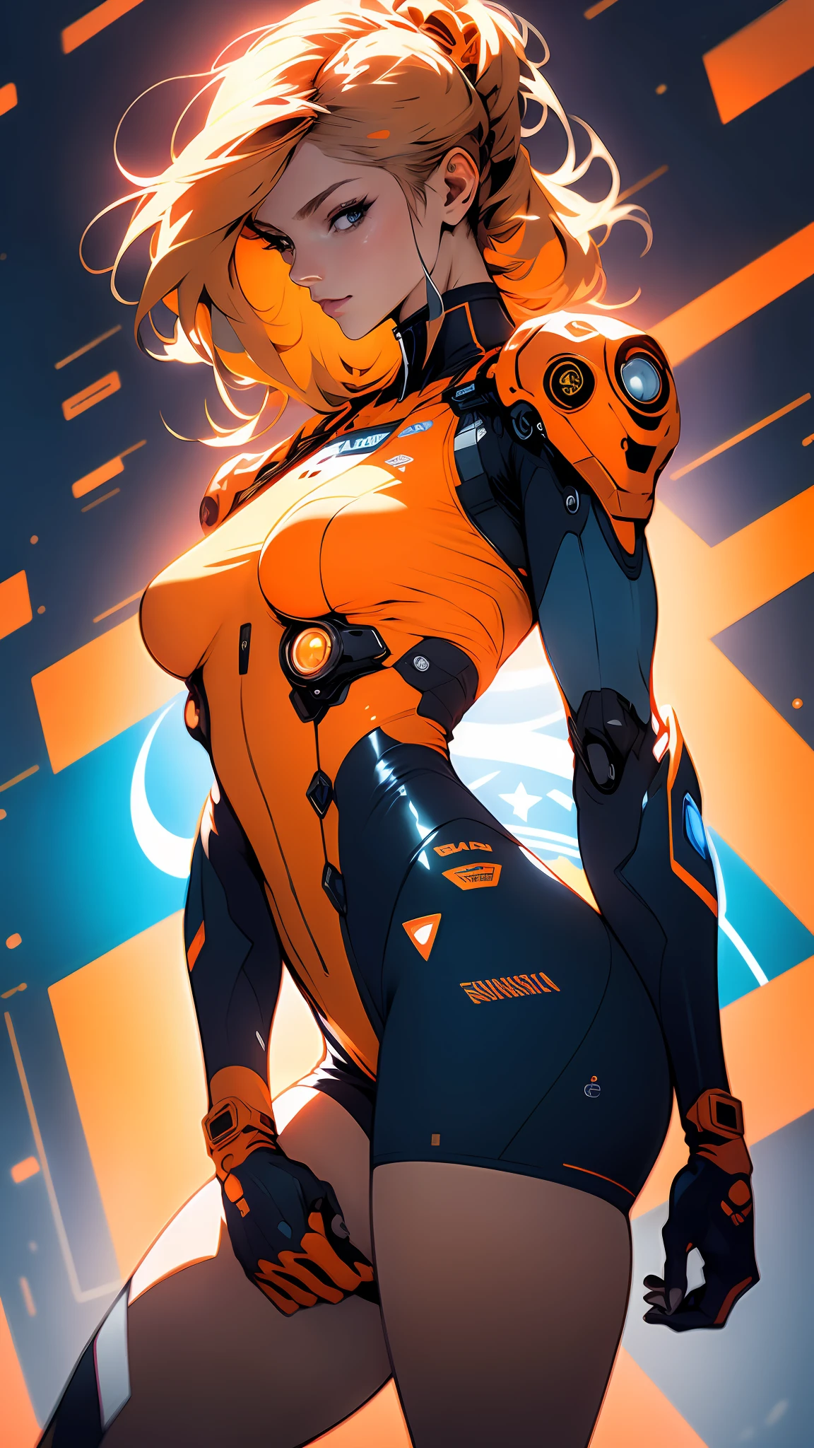 ((Best quality)), ((masterpiece)), (detailed: 1.4), Robot pilot woman muscular body defined, Neon evangelion style, half thick naked thighs, closed mouth, only panties, muscular body parts covered by technological clothing, (((medium breasts)) perfect, generous neckline, ((orange clothing)), Holland, pastel, (((mechanical arm)))), airplane wings on the back, blonde hair with orange locks, short underwear, garter belt, by mucha, niji --V5, close to real, best quality, almost naked, psychopath, crazy face, sexy pose, psychedelic background, 2 pieces clothing, Holland symbol designs, cyberpunk, dark blue bra with the sun, (((clothes with the colors of the shirt of the Dutch national team )))), pointed shoulder pads, blue eyes without pupils, HDR (High Dynamic Range),Ray Tracing, NVIDIA RTX,Super-Resolution,Unreal 5,Subsurface Dispersion, PBR Texture, Post-processing, Anisotropic Filtering, Depth of Field, Maximum Clarity and Sharpness, Multilayer Textures, Albedo and Specular Maps, Surface Shading, Accurate Simulation of Light-Material Interaction, Perfect Proportions, Octane Render, Two-Tone Lighting, Wide Aperture, Low ISO, White Balance, Rule of Thirds, 8K RAW, Crysisnanosuit