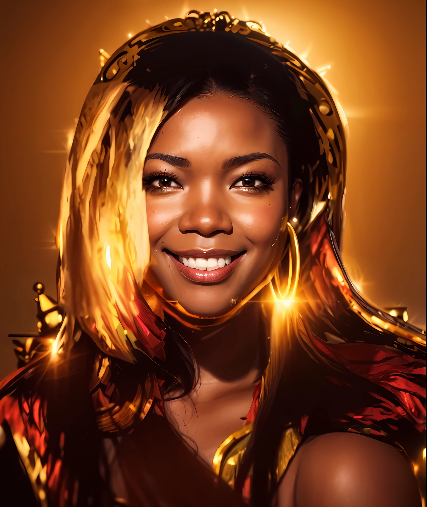 a closeup of a black woman wearing a red crown and dress,((Gabrielle Union)), ((Vivica Fox)), stunning african princess, african queen, black african princess, african princess, dressed as a queen, beautiful queen, posing as a queen, with a golden crown, a beautiful fantasy empress, beautiful queen, queen's crown on the top of her head, dark-skinned female goddess of love, wearing golden crown