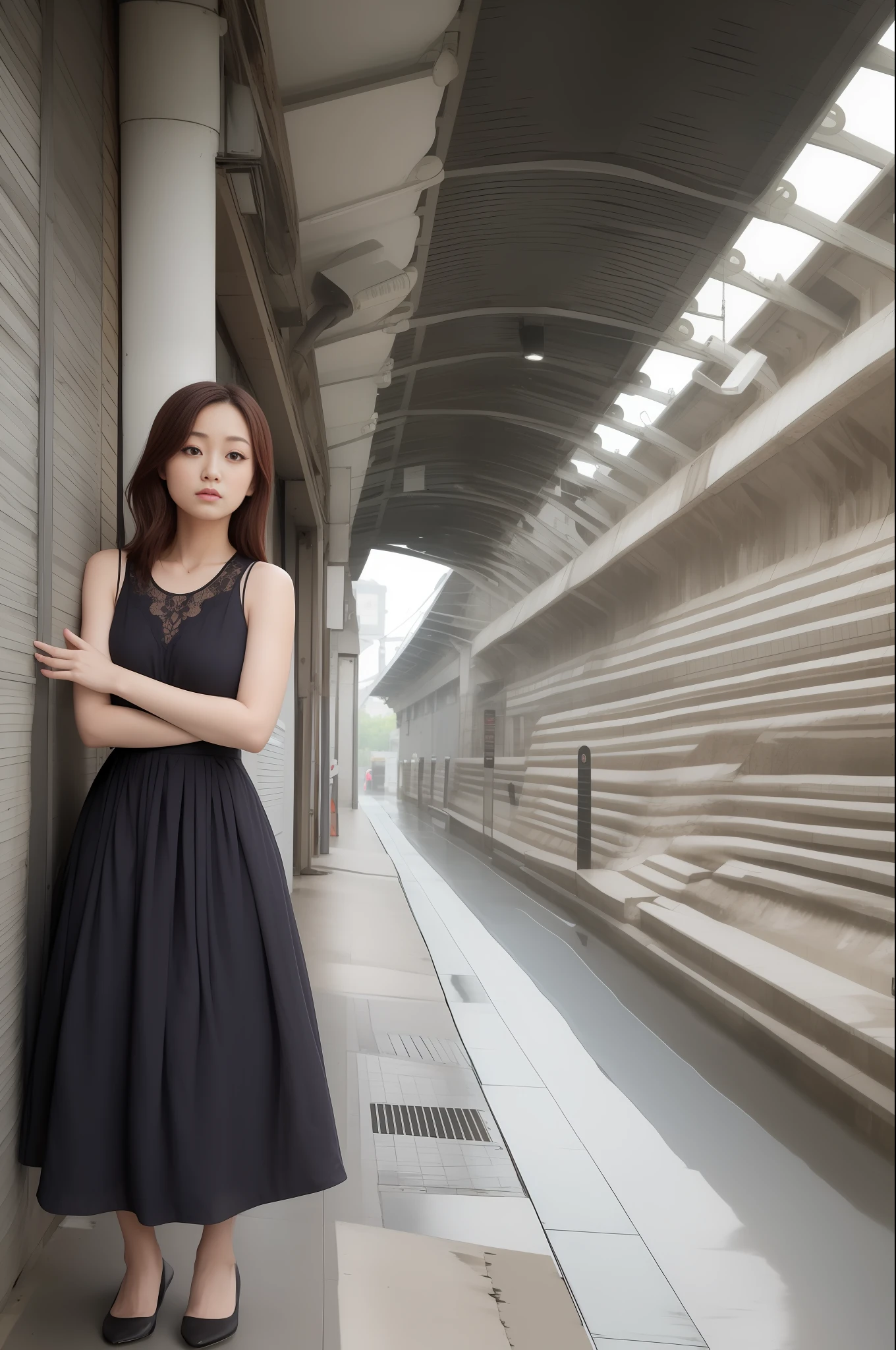 There is a woman leaning against the rails,Aya Ueto, Beautiful Asian woman, Yoshitomo Nara, Erika Ikuta, Asian beautiful girl