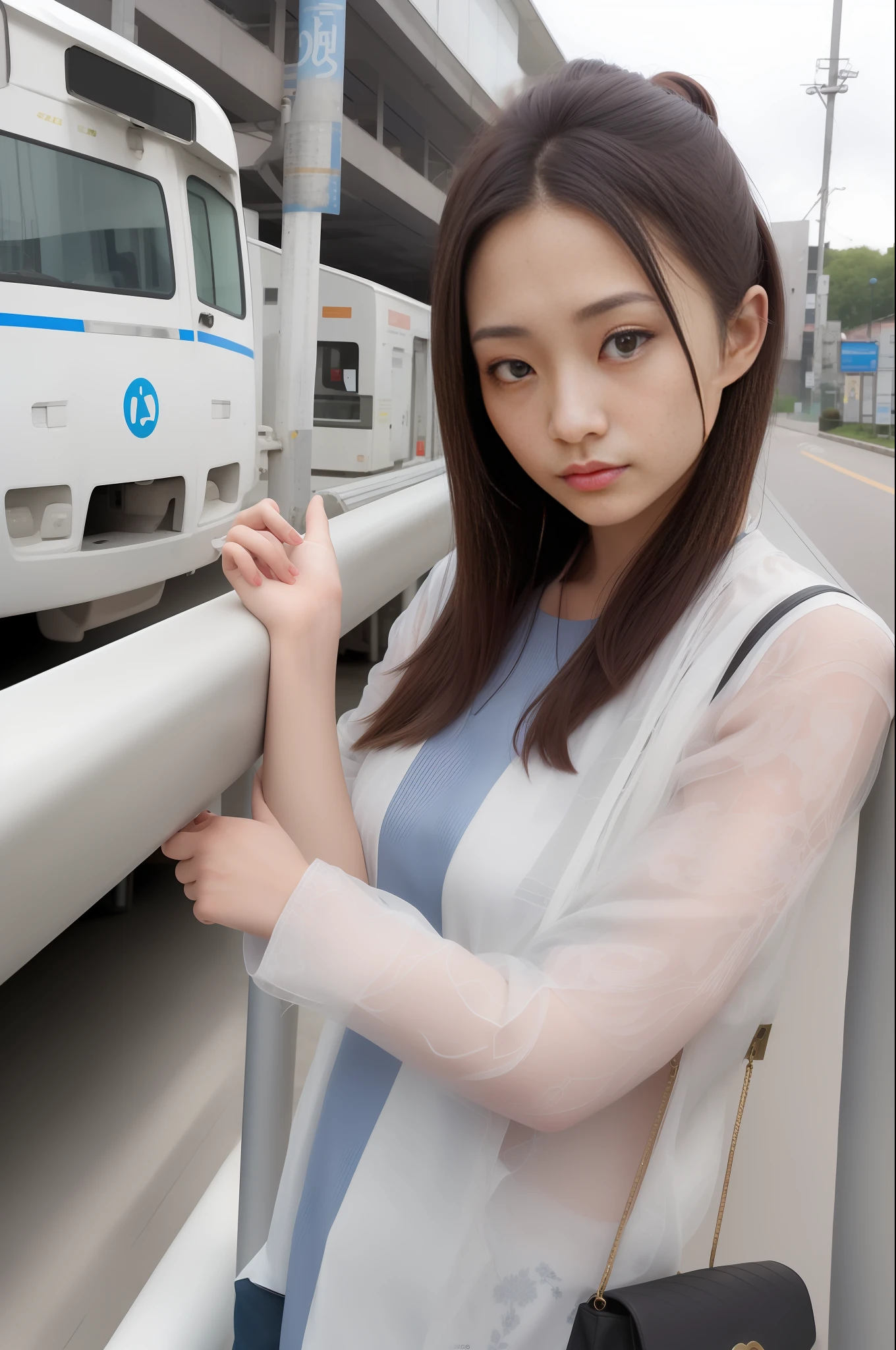 There is a woman leaning against the rails,Aya Ueto, Beautiful Asian woman, Yoshitomo Nara, Erika Ikuta, Asian beautiful girl
