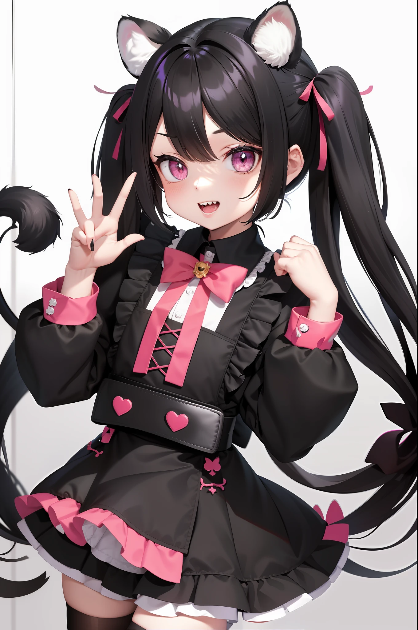 Best quality, masterpiece, maid, cute, double tail, black hair, pink eyes, little devil hairpin, tiger teeth