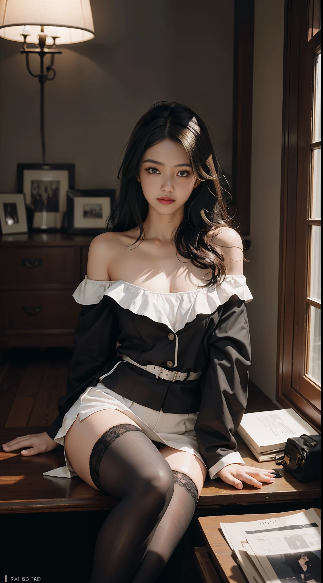 Top quality, masterpiece, ultra high resolution, (photorealistic: 1.4), raw photo, 1 girl, off-shoulder, garter belt, in the room, deep shadow, low key, cold light, open legs top quality, full body portrait, cinematic texture shot, exquisite face, beautiful face, 20-year-old woman, smile, slim figure, small bust, office uniform, black stockings, interior scene, office, seated