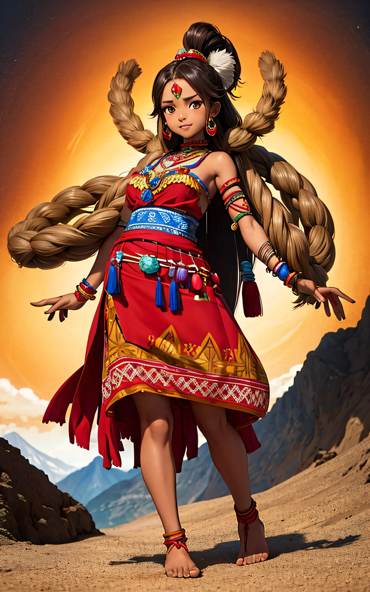 a tribal woman, full figure character design, tan brunette