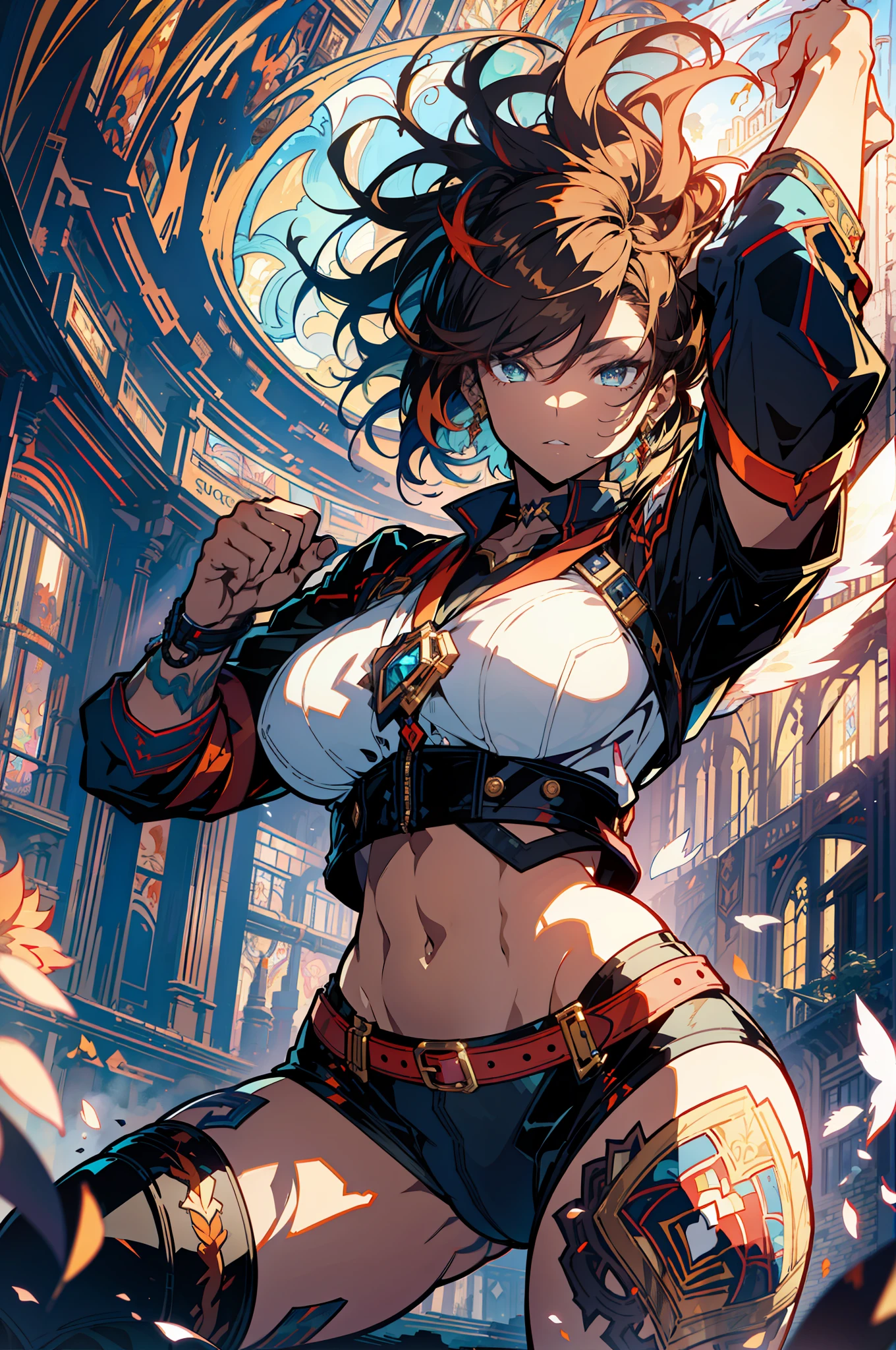 ::Kennedy and Daniel Sampere::2.0 Anime man illustration style, tatoon style, comic book style, , ultra detailed and in various full-body attack poses, (beautiful and clear background: 1.2),, fantastic paintings, graffiti style, flowers, highly detailed eyes, with a blouse underneath, with both fists in fighting position, and bracelets, fighting an enemy,  with black hair, stained glass, outside, vibrant, alphonse mucha style, fantastic paintings by Joe Madureira, high quality, art, Ashley Graham Beautiful man with long red hair, freedom, soul, digital illustration, comic style, perfect anatomy, centered, approaching perfection, dynamic, highly detailed, watercolor painting, artstation, concept art, smooth, s (masterpiece, extremely_detailed_CG, 8k_wallpaper:1.2),  serafuku black, dark skinned, white hair, sailor's collar, midriff, abs, _A_and_B, has blonde twintails and blue eyes, {masterpiece}, {extremely detailed}, Bgirl has short black hair and red eyes