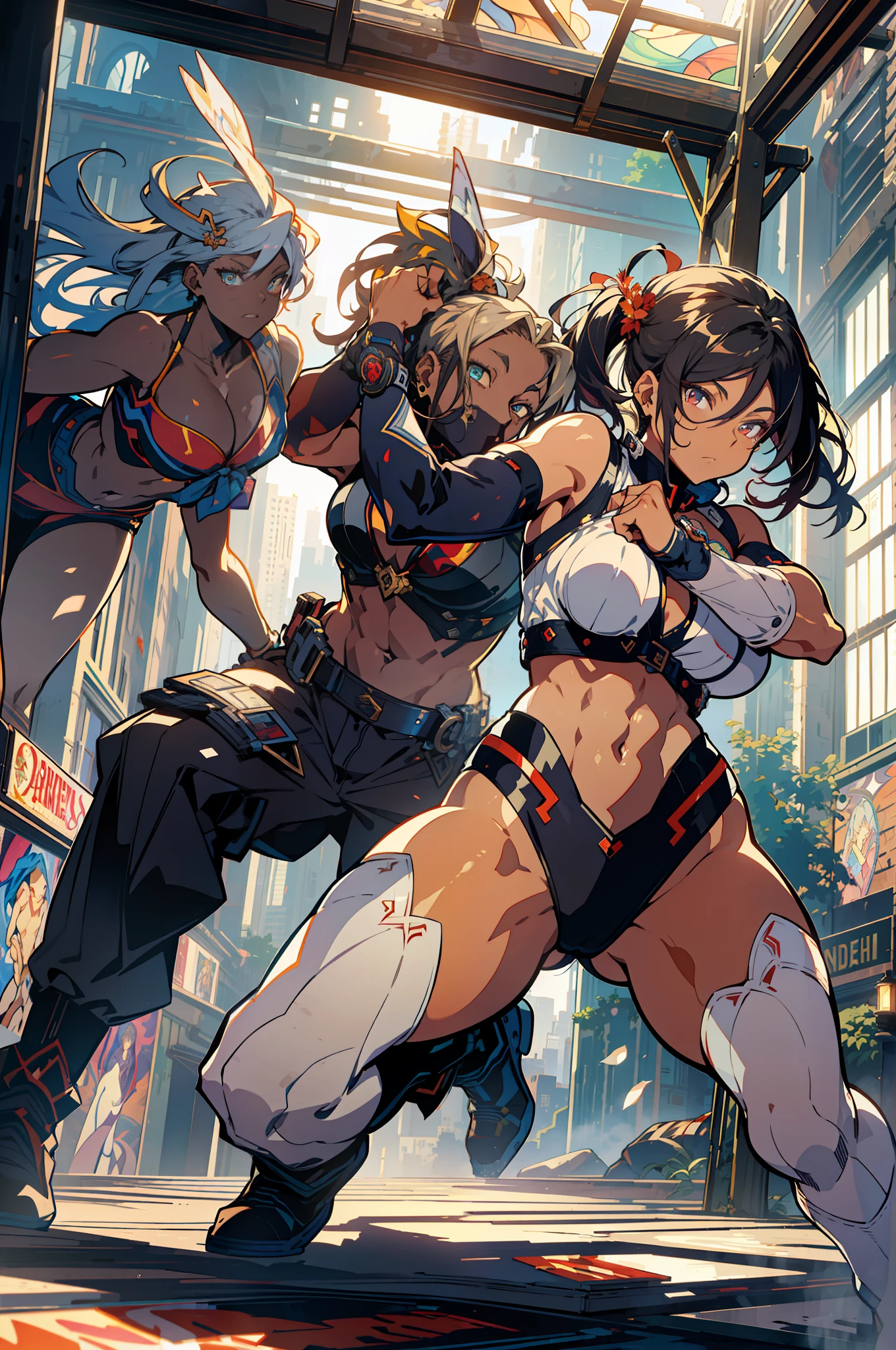 ::Kennedy and Daniel Sampere::2.0 Anime man illustration style, tatoon style, comic book style, , ultra detailed and in various full-body attack poses, (beautiful and clear background: 1.2),, fantastic paintings, graffiti style, flowers, highly detailed eyes, with a blouse underneath, with both fists in fighting position, and bracelets, fighting an enemy, with black hair, stained glass, outside, vibrant, alphonse mucha style, fantastic paintings by Joe Madureira, high quality, art, Ashley Graham Beautiful man with long red hair, freedom, soul, digital illustration, comic style, perfect anatomy, centered, approaching perfection, dynamic, highly detailed, watercolor painting, artstation, concept art, smooth, s (masterpiece, extremely_detailed_CG, 8k_wallpaper:1.2), serafuku black, dark skinned, white hair, sailor's collar, midriff, abs, _A_and_B, has blonde twintails and blue eyes, {masterpiece}, {extremely detailed}, Bgirl has short black hair and red eyes