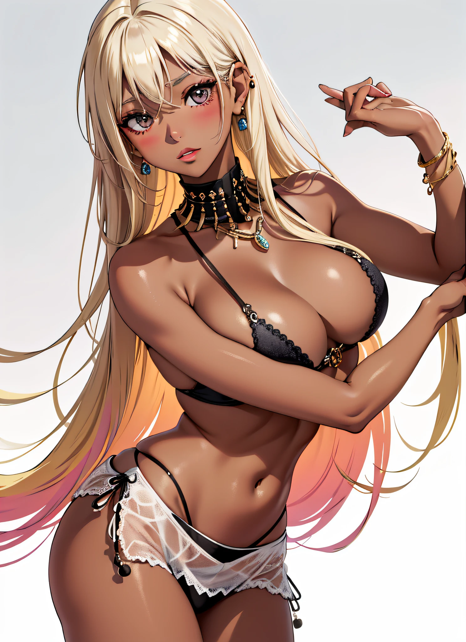 1girl, bangs, black_eyes, blonde_hair, blush, breasts, dark-skinned_female, dark_skin, earrings, gradient_hair, gyaru, hair_between_eyes, jewelry, large_breasts, light_areolae, long_hair, looking_at_viewer, multicolored_hair, navel,,, simple_background, solo, tan, white_background